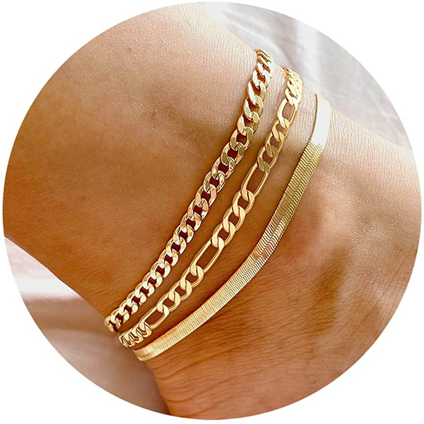 Dearmay Gold Ankle Bracelets For Women 14K Gold Herringbone Cuban Link Anklets Set Layered Cute Summer Beach Jewelry Gift For Teen Girls