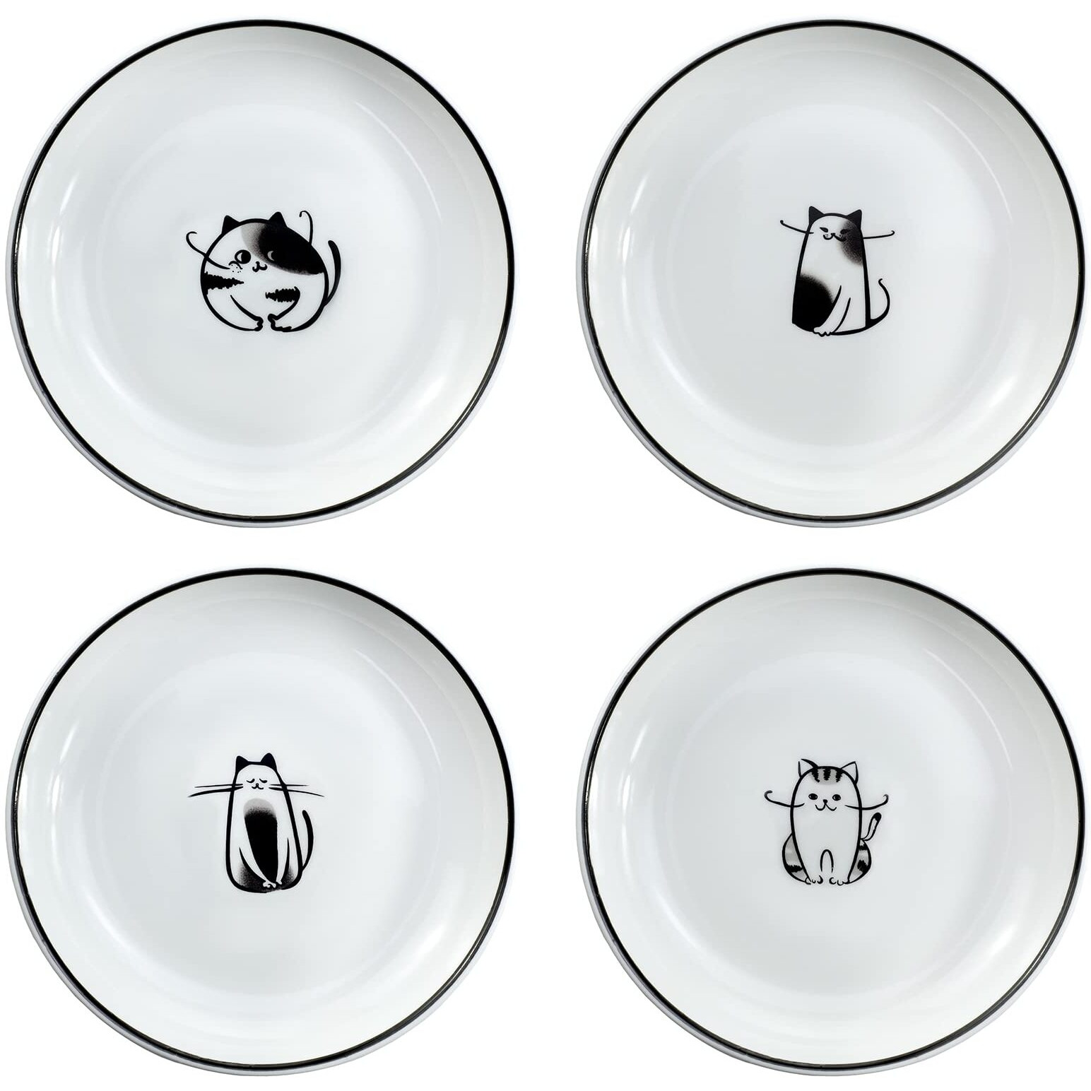 Wait Fly 5 Inches Funny Dog And Cat Pattern With Brush Strokes Ceramics Seasoning Dishes/Tea Bag Holders/Ketchup Saucer/Appetizer Plates/Seasoning Dipping Bowls, Set Of 4