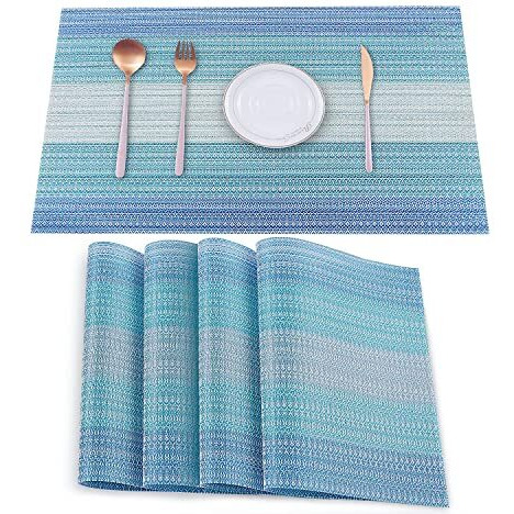 Heloho Placemats Set Of 4,Vinyl Table Place Mats Stain Resistant Foldable Placemats Washable Wipeable Placemat For Kitchen Dining Table Decoration Indoor Outdoor(Blue)