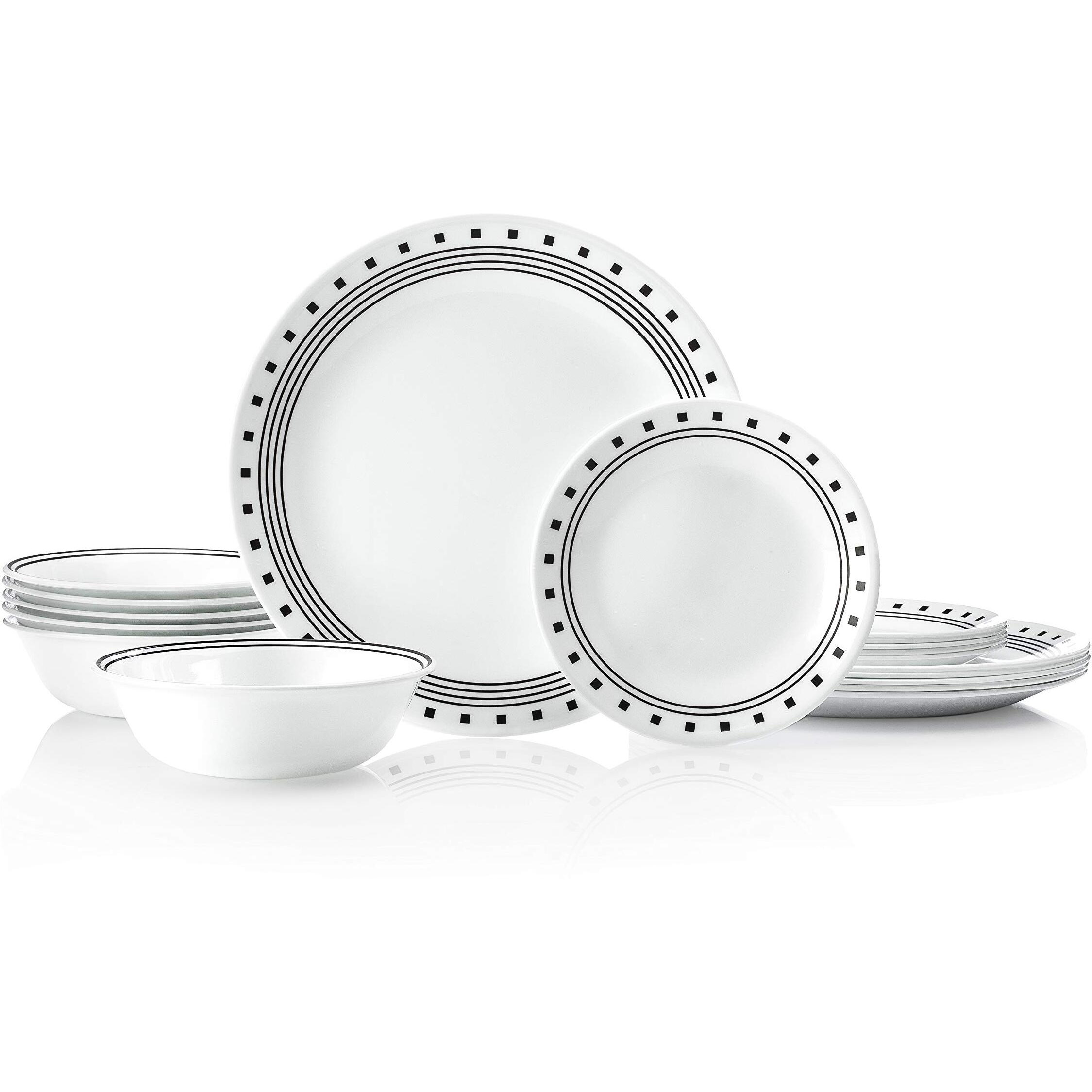 Corelle Vitrelle 18-Piece Service For 6 Dinnerware Set, Triple Layer Glass And Chip Resistant, Lightweight Round Plates And Bowls Set, City Block