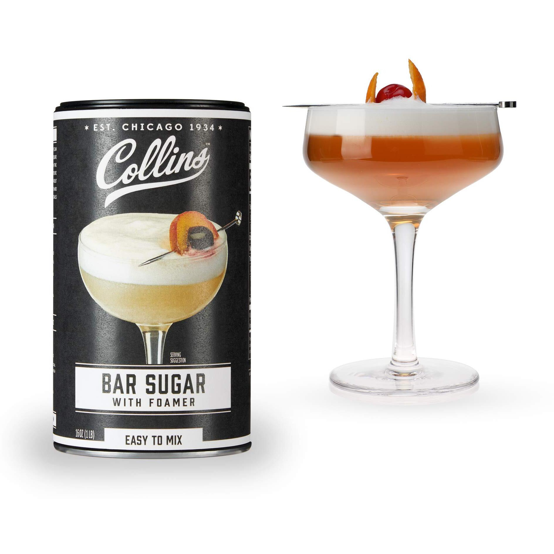 Collins Bar Sugar With Foamer | Create Foam Cocktails And Enhance Texture In Drinks With Cocktail Foaming Agent, Easy Eggwhite Style Drinks, 16Oz