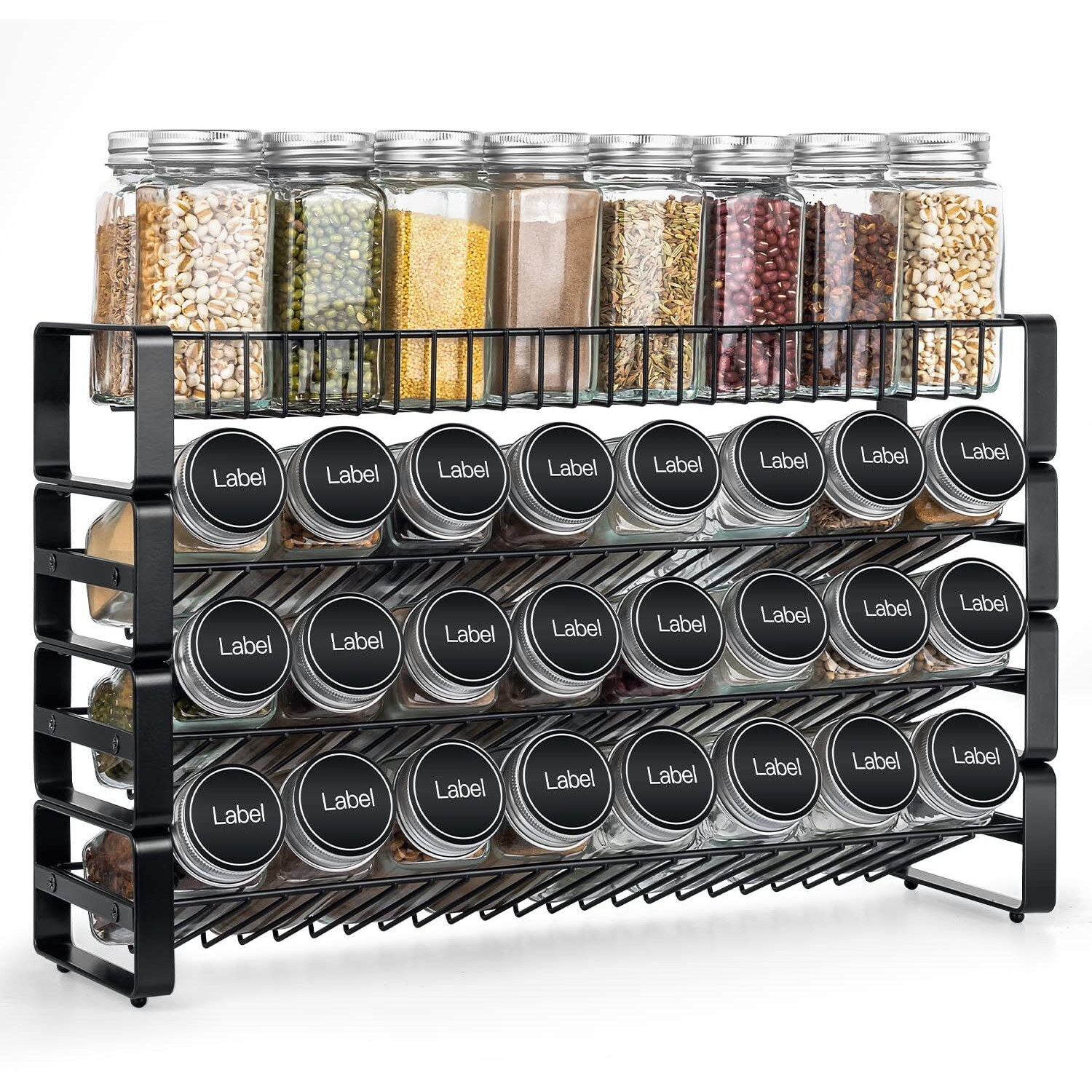 Jonyj 4 Tier Stackable Seasoning Rack Organizer, Detachable Countertop Spice Jar Rack For Cabinet, Freestanding , Black Frosted Iron Kitchen Counter Shelf