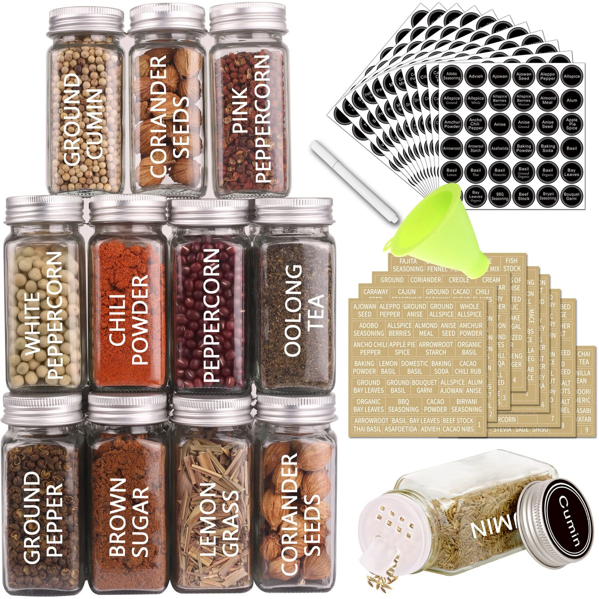 Swommoly 36 Glass Spice Jars With 703 Spice Labels, Empty Square Spice Bottles 4 Oz With Pour/Sift Shaker Lid, Airtight Cap, Chalk Marker And Funnel Complete Set