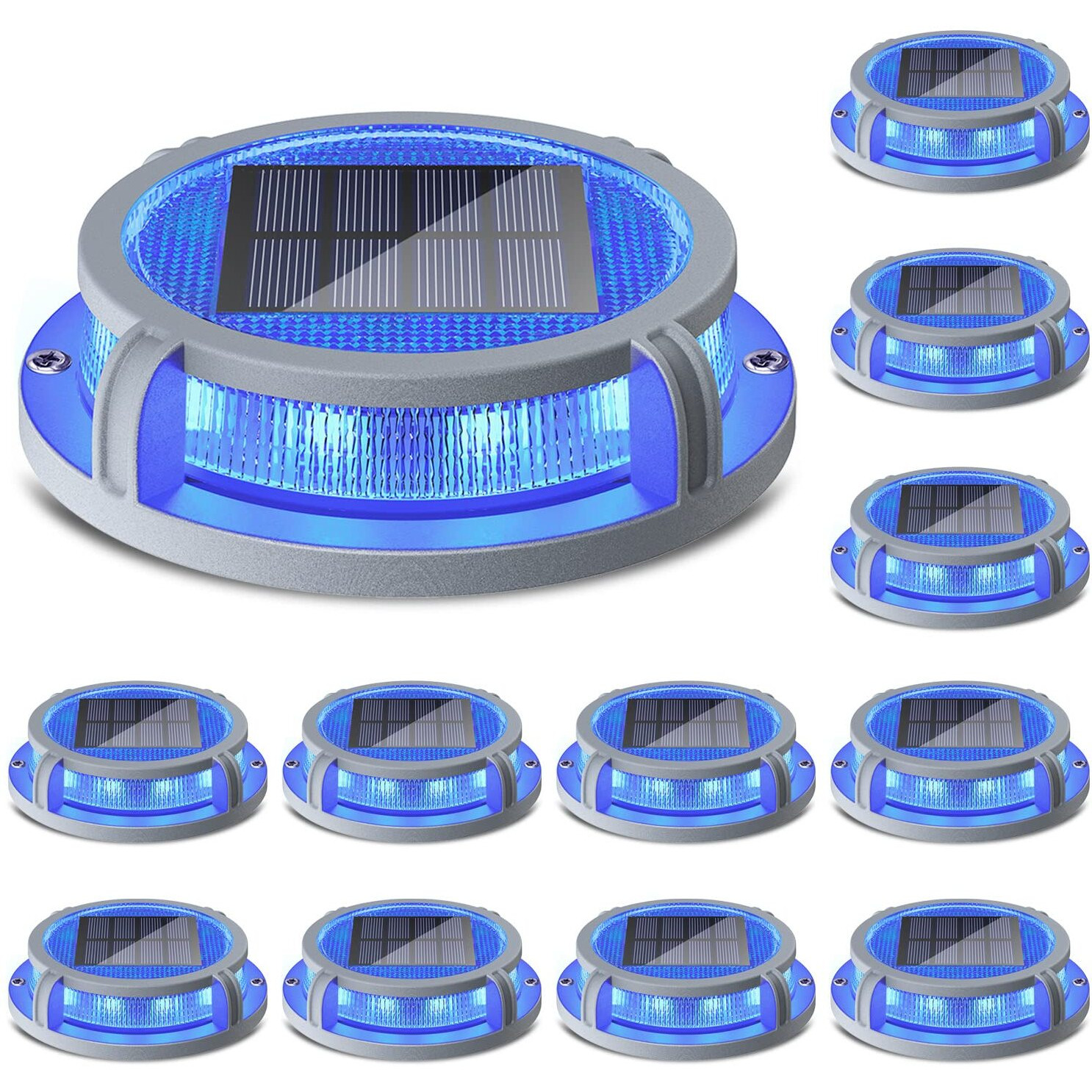 Siedinlar Solar Deck Lights Outdoor 2 Modes 16 Leds Dock Light Driveway Markers Solar Powered Waterproof For Ground Step Stair Pathway Walkway Garden Yard Road 12 Pack (Blue/Red)