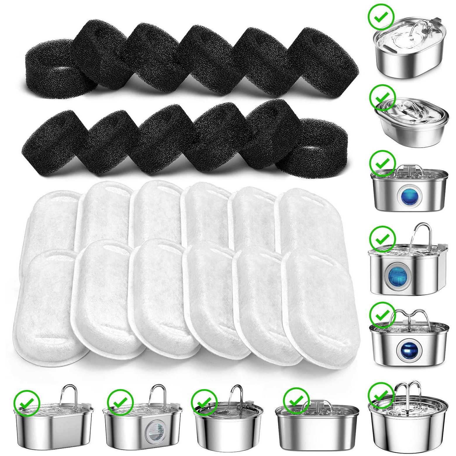 Soofpet Cat Water Fountain Filters, 24 Pieces (12 Carbon + 12 Sponge), Replacement For 108Oz/3.2L Stainless Steel Fountain