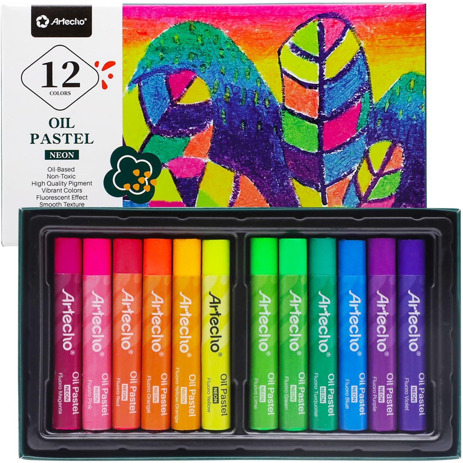 Artecho Neon Oil Pastels Set Of 12 Colors, Soft Oil Pastels For Art Painting, Drawing, Blending, Oil Crayons Pastels Art Supplies For Artists, Beginners, Students, Teachers