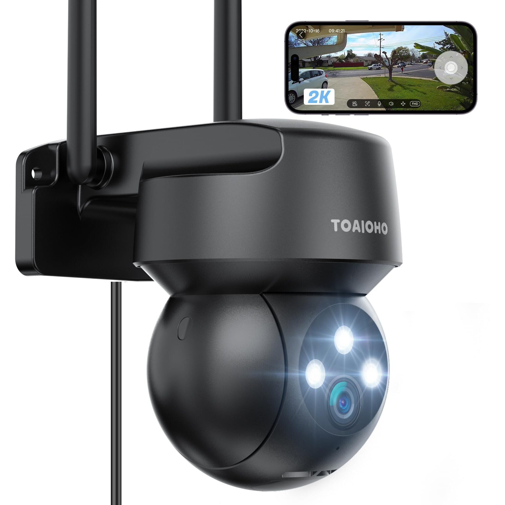 Toaioho 2K Security Camera Outdoor, Camera For Home Security Outside With Color Night Vision, Motion Detection And Alarm, 2-Way Talk, Ip66 Waterproof, 360   Viewing,Sd Card & Cloud Service,Black