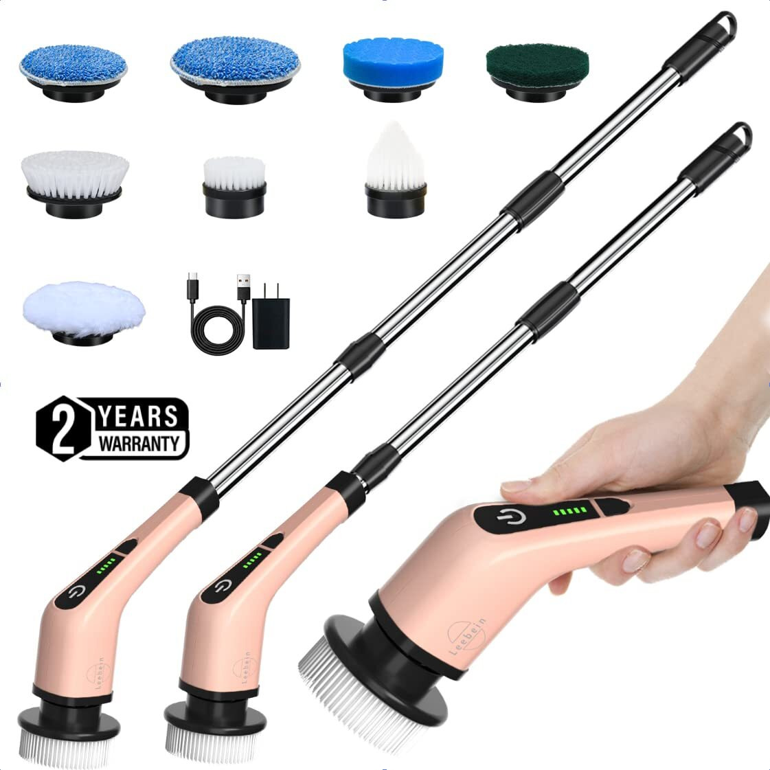 Leebein Electric Spin Scrubber, Cordless Powerful Scrub Brush For Cleaning Bathroom, Kitchen, Shower Tub And Floor Tile With Adjustable Extension Long Handle And 8 Replaceable Brush Heads(Rose)