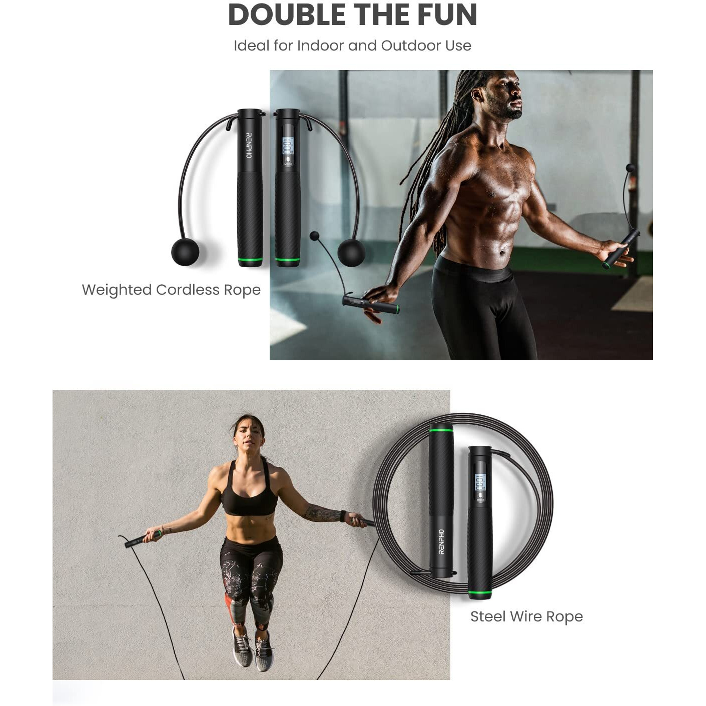 Renpho Cordless Jump Rope, Weighted Jump Rope With Counter, Jump Ropes For Fitness, Smart Skipping Rope For Crossfit, Gym, Burn Calorie, App Data Analysis, At-Home-Workout For Women Men Adult Kids