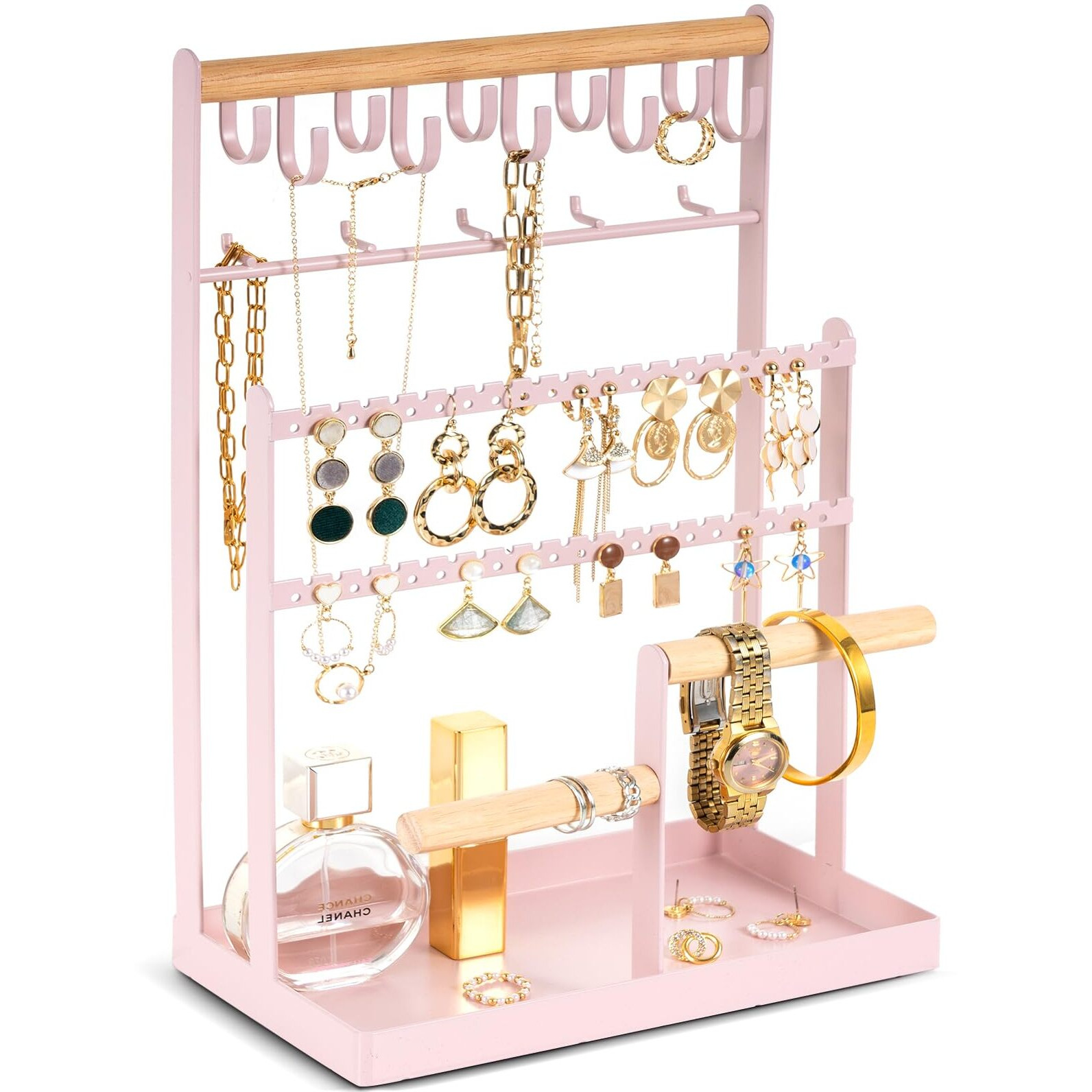 Procase Jewelry Organizer Stand Necklace Organizer Earring Holder, 6 Tier Jewelry Stand Necklace Holder With 15 Hooks, Jewelry Tower Display Rack Storage Tree For Bracelets Earrings Rings -Pink