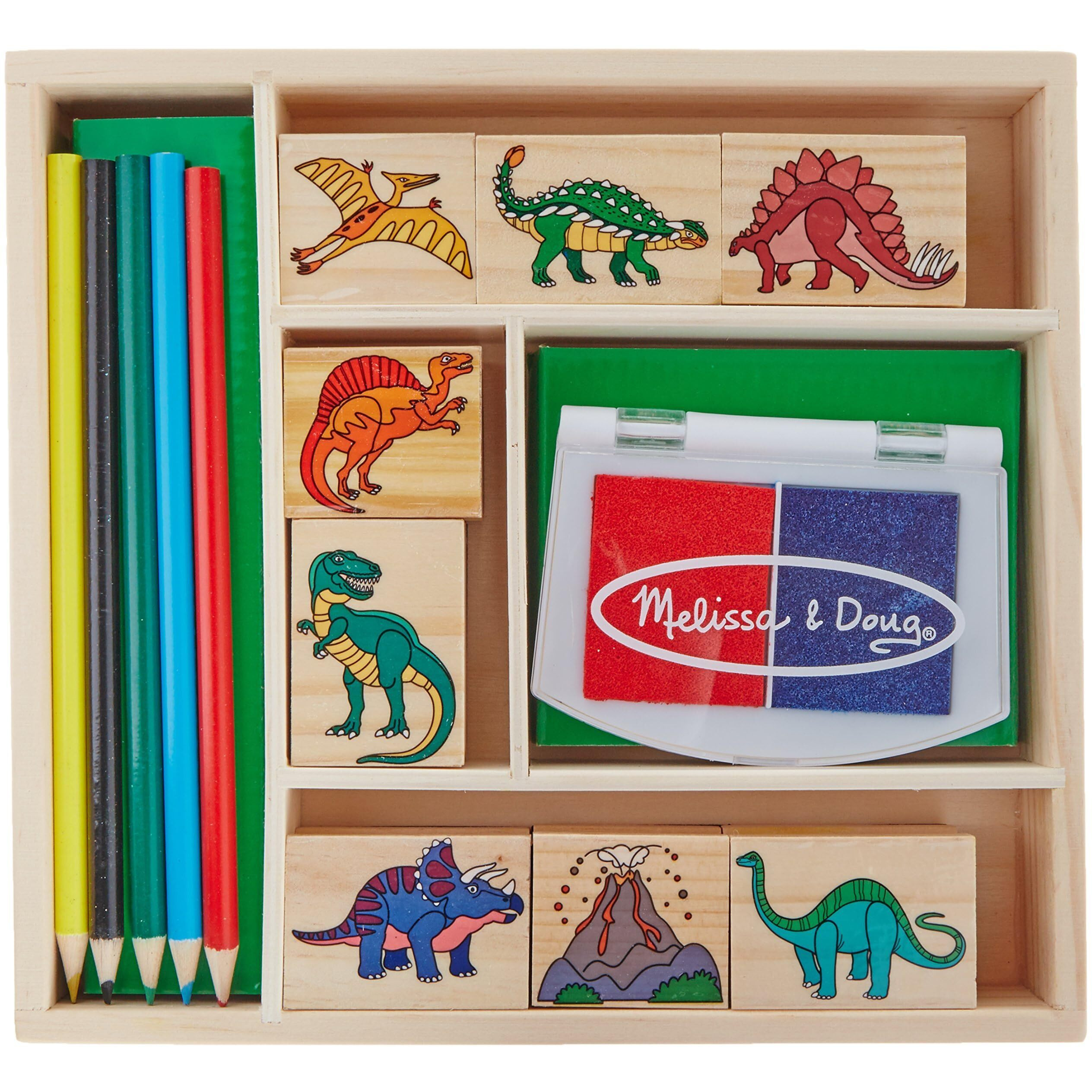 Melissa & Doug Wooden Stamp Set Dinosaurs - 8 Stamps, 5 Colored Pencils, 2-Color, Arts And Crafts, Washable Ink Pads, Stamps For Kids Ages 4+