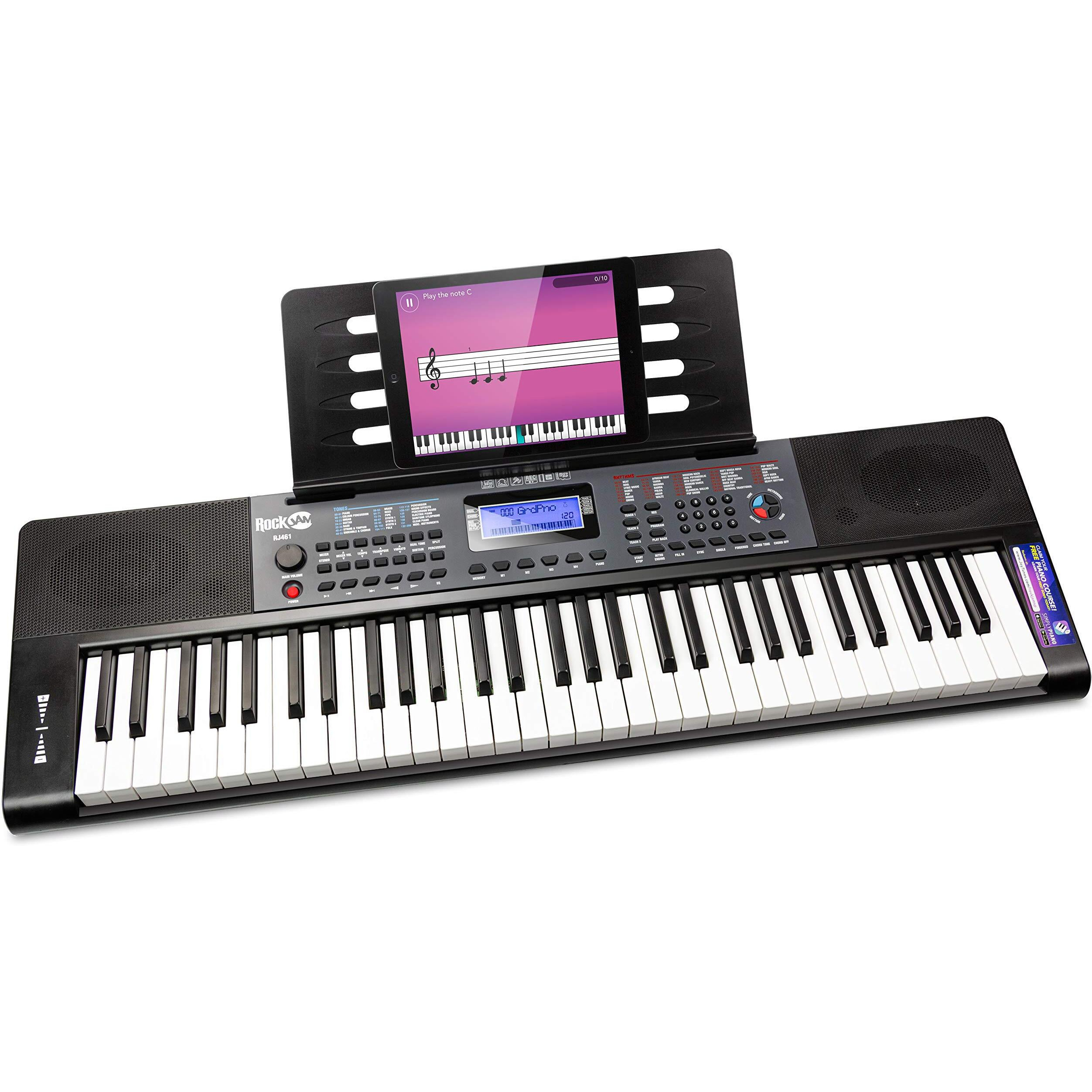 Rockjam 61 Key Keyboard Piano With Pitch Bend, Power Supply, Sheet Music Stand, Piano Note Stickers & Simply Piano Lessons