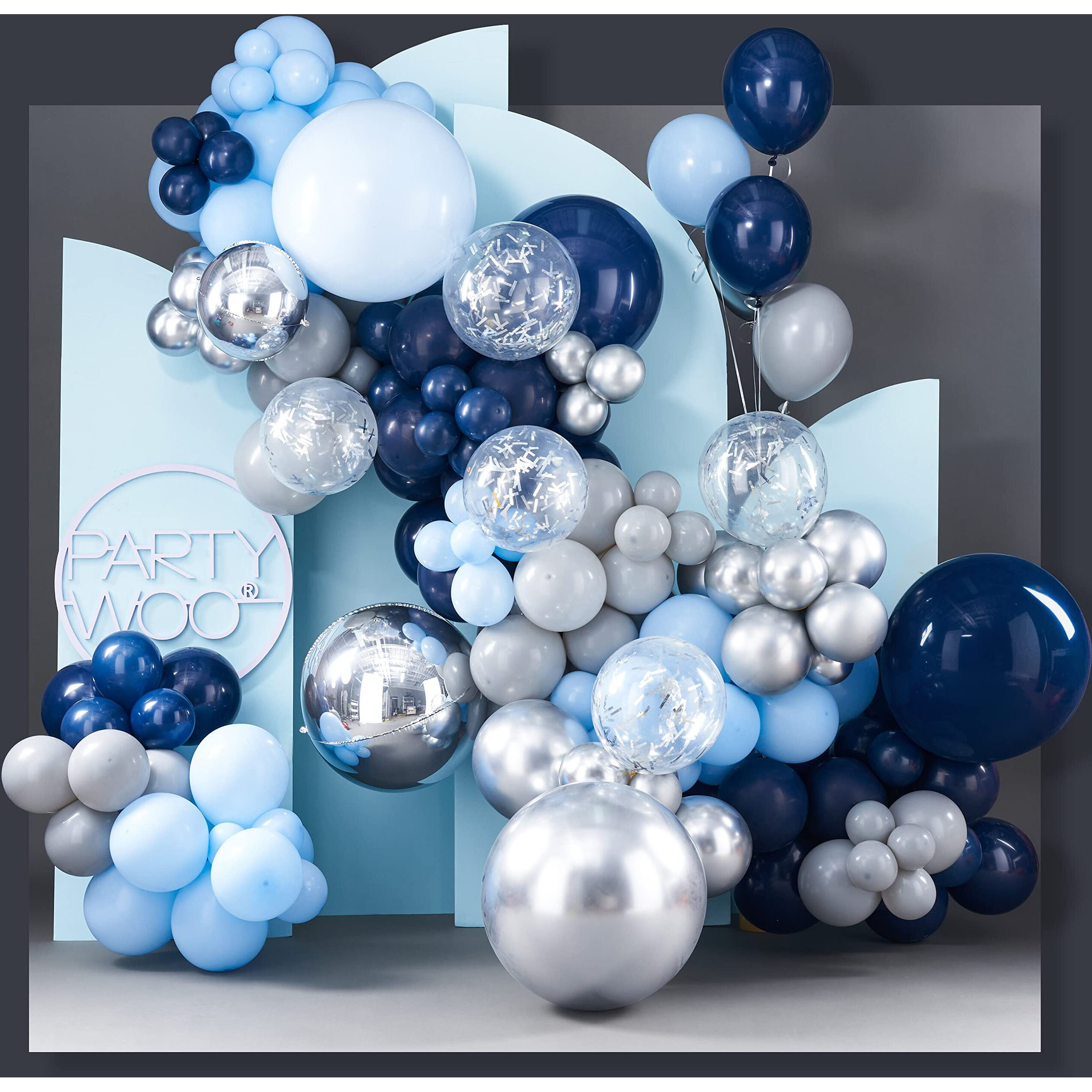 Partywoo 140 Pcs Blue And Silver Balloon Arch Kit, Blue Balloons Garland Kit With 4D Silver Balloons, Navy Blue Metallic Silver Balloons, Glitter Balloons For Birthday, Baby Shower Boy, Wedding