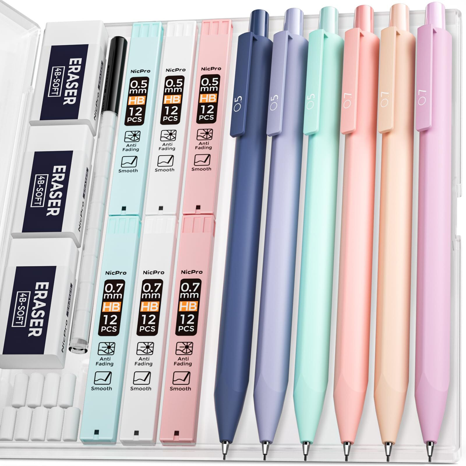 Nicpro 6Pcs Pastel Mechanical Pencil Set, 0.5 & 0.7 Mm With 6 Tubes Hb Lead Refill, 3Pcs Eraser And 9Pcs Eraser Refill For Student Writing Drafing, Drawing, Sketching-With Cute Case