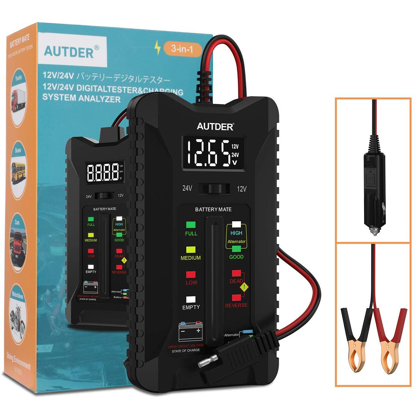 Autder Car Battery Tester, 12V/24V Battery Condition Tester & Alternator Charging System Analyzer, Automotive Voltmeter With Lcd Display And Led Indication, Voltage Indicator For Car Truck Motorcycle