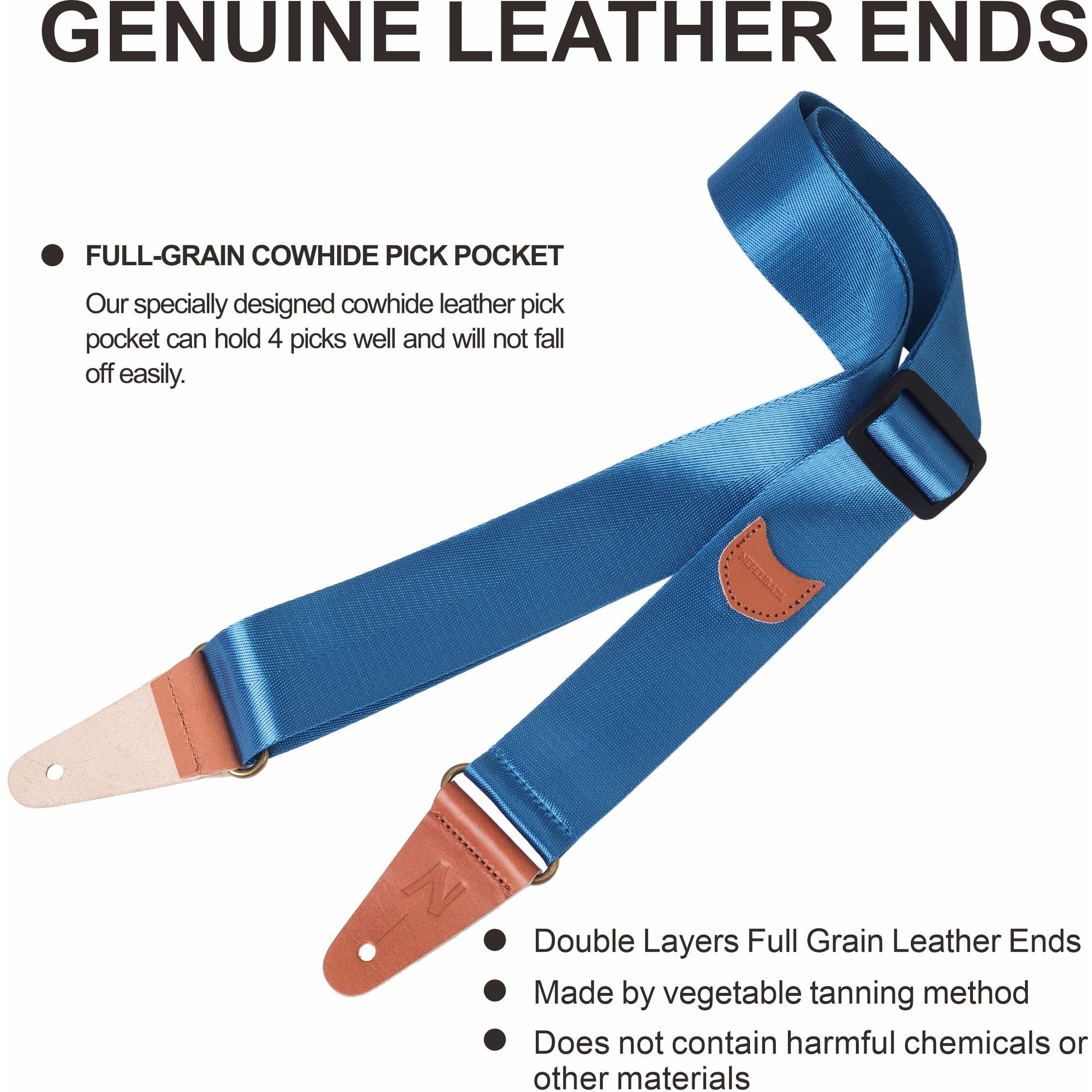 Guitar Strap With Pick Pocket, Vintage Nylon Full Grain Leather Ends Guitar Straps For Bass, Electric & Acoustic Guitar, Come With Free Strap Button, 1 Pair Strap Locks And 7 Guitar Picks (Blue)