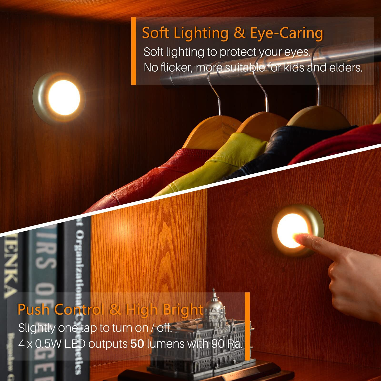 Tap Light, Push Lights, Star-Spangled Stick On Lights Battery Powered Operated, Night Touch Light, Mini Led Puck Lights, Diy Switch Button For Closet, Under Cabinets, Kitchen (Glod, Warm White, 5Pack)