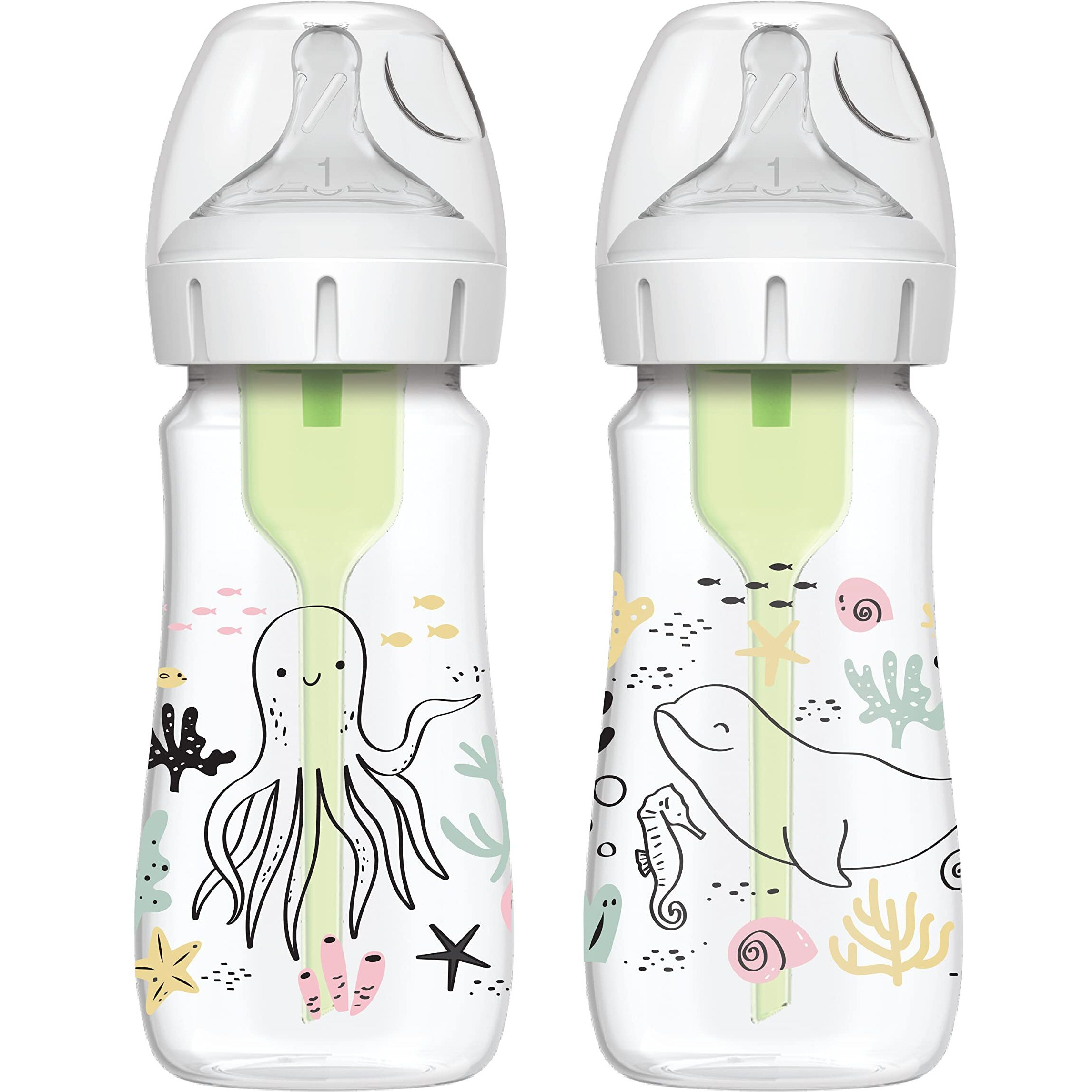 Dr Brownas Natural Flowa Anti-Colic Options+A Wide-Neck Baby Bottle Designer Edition Bottles, Ocean Decos, 9 Oz270 Ml, Level 1 Nipple, 2-Pack, 0M+