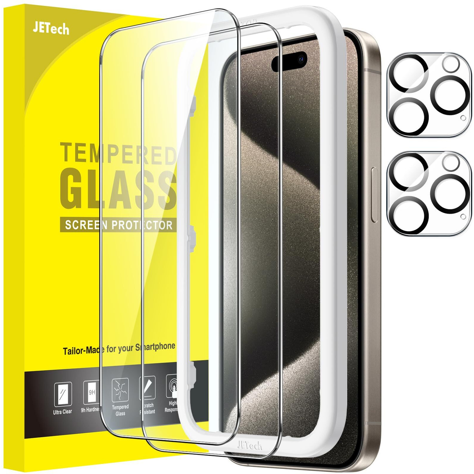 Jetech Screen Protector For Iphone 15 Pro Max 6.7-Inch With Camera Lens Protector, Easy Installation Tool, Tempered Glass Film, Hd Clear, 2-Pack Each
