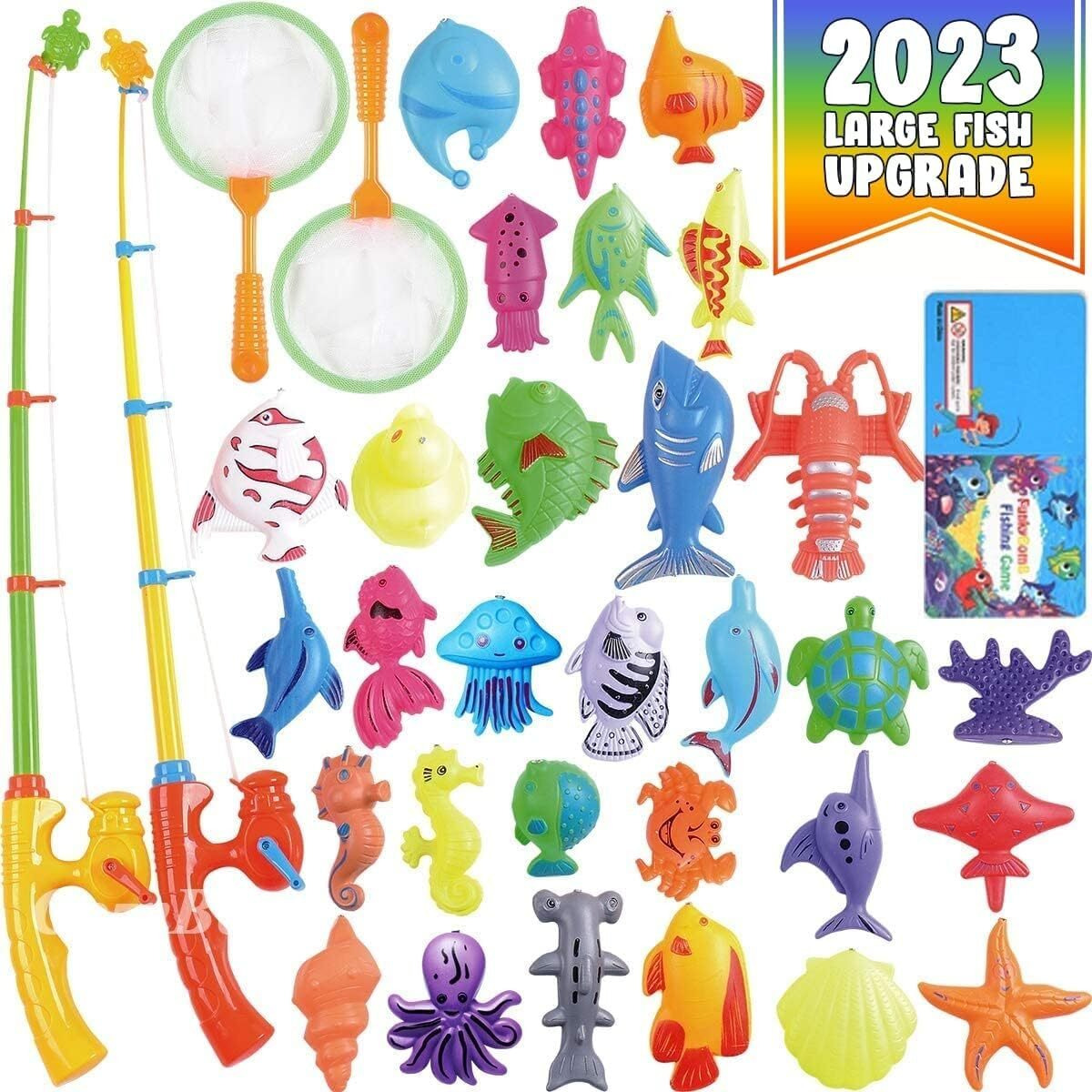 Cozybomb Magnetic Fishing Pool Toys Game For Kids - Water Table Bathtub Kiddie Party Toy With Pole Rod Net Plastic Floating Fish Toddler Color Ocean Sea Animals Gifts Age 3 4 5 6 Year Old