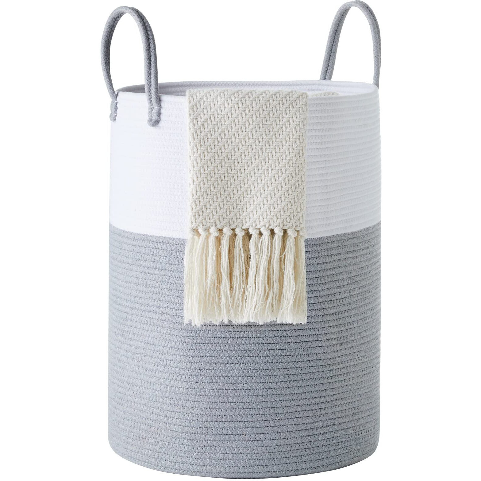 Cotton Rope Laundry Hamper By Youdenova, 58L - Woven Collapsible Laundry Basket - Clothes Storage Basket For Blankets, Laundry Room Organizing, Bedroom Storage, Clothes Hamper - Grey & White