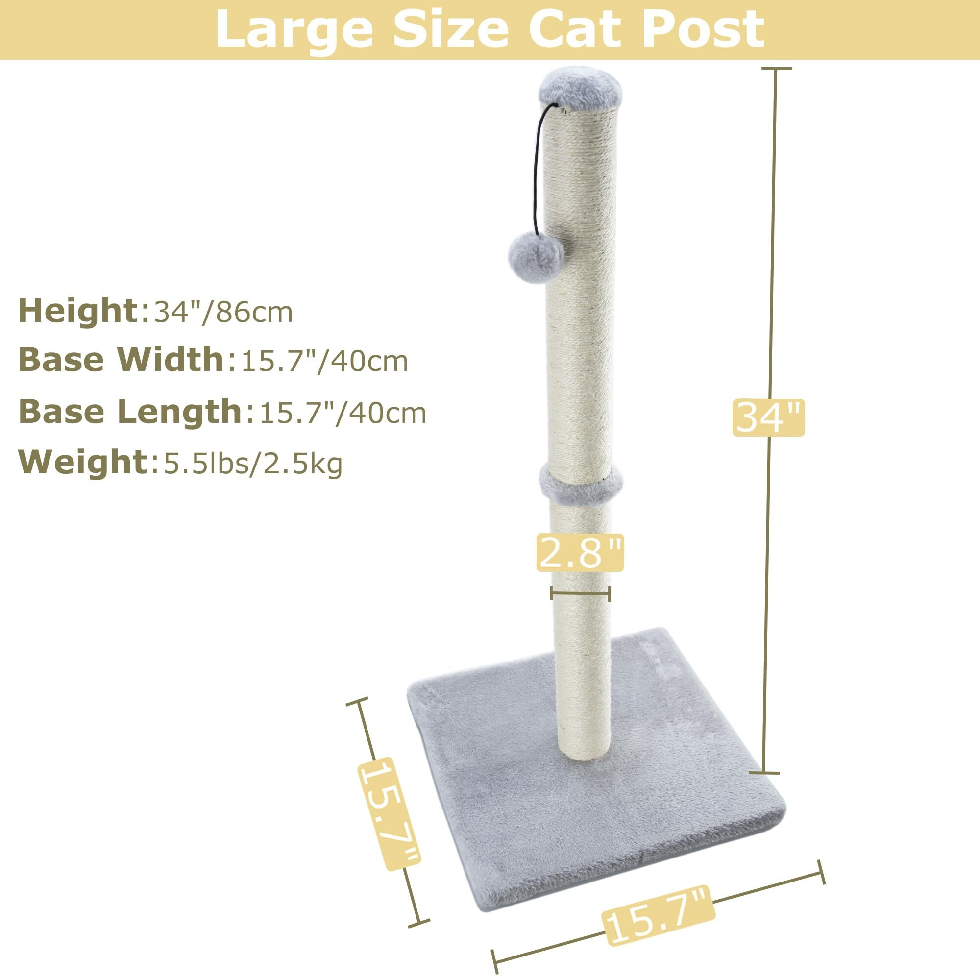 Dimaka 34 "" Tall Cat Scratching Post For Large Cats And Kittens, High Vertical Scratcher With Premium Natural Sisal Rope And Interactive Hanging Ball For Indoor Cat(Grey, 34 Inches For Large Cats)
