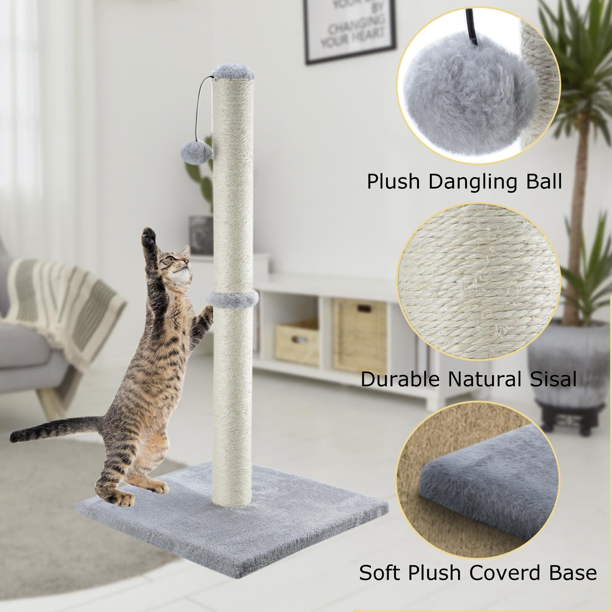 Dimaka 34 "" Tall Cat Scratching Post For Large Cats And Kittens, High Vertical Scratcher With Premium Natural Sisal Rope And Interactive Hanging Ball For Indoor Cat(Grey, 34 Inches For Large Cats)