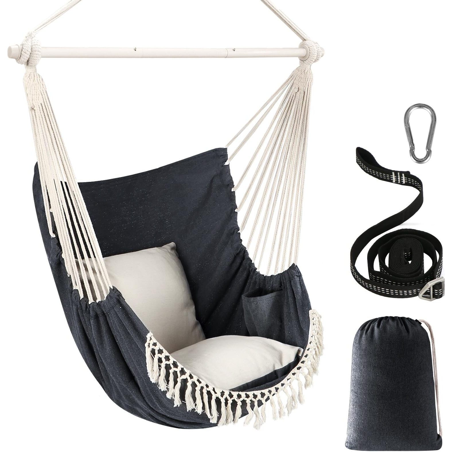 Chihee Hammock Chair Hanging Swing Max 500 Lbs 2 Cushions Included Steel Spreader Bar With Anti-Slip Grooves Portable Hanging Chair Side Pocket Large Macrame Bohemian Chair Indoor Outdoor