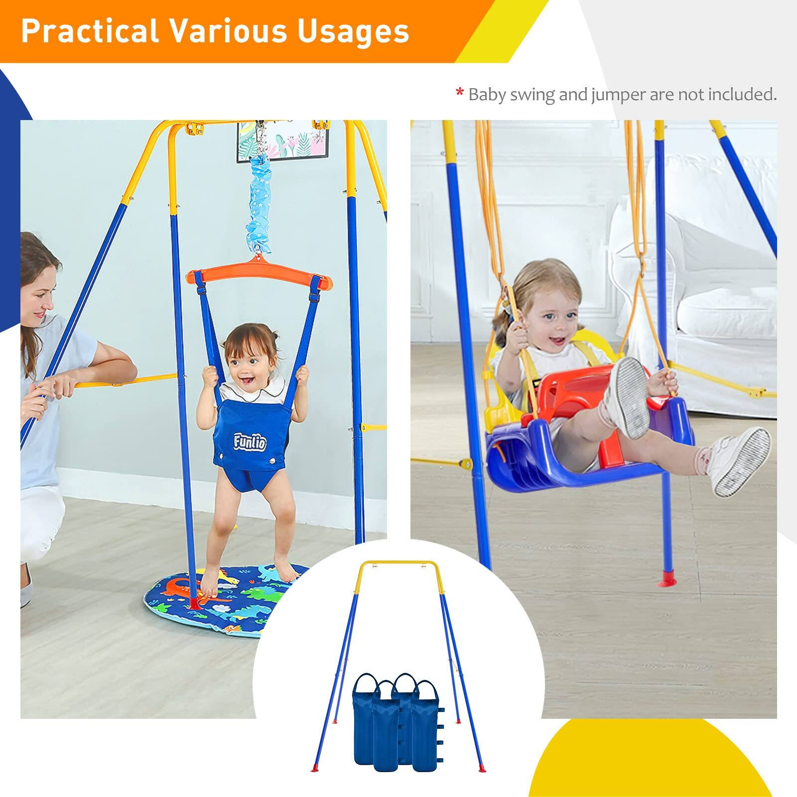 Funlio Foldable Swing Stand For Kids With 4 Sandbags, Heavy Duty Metal A-Frame Indoor/Outdoor For Backyard, Suitable Most Toddler/Baby Jumper/Hammock Chair