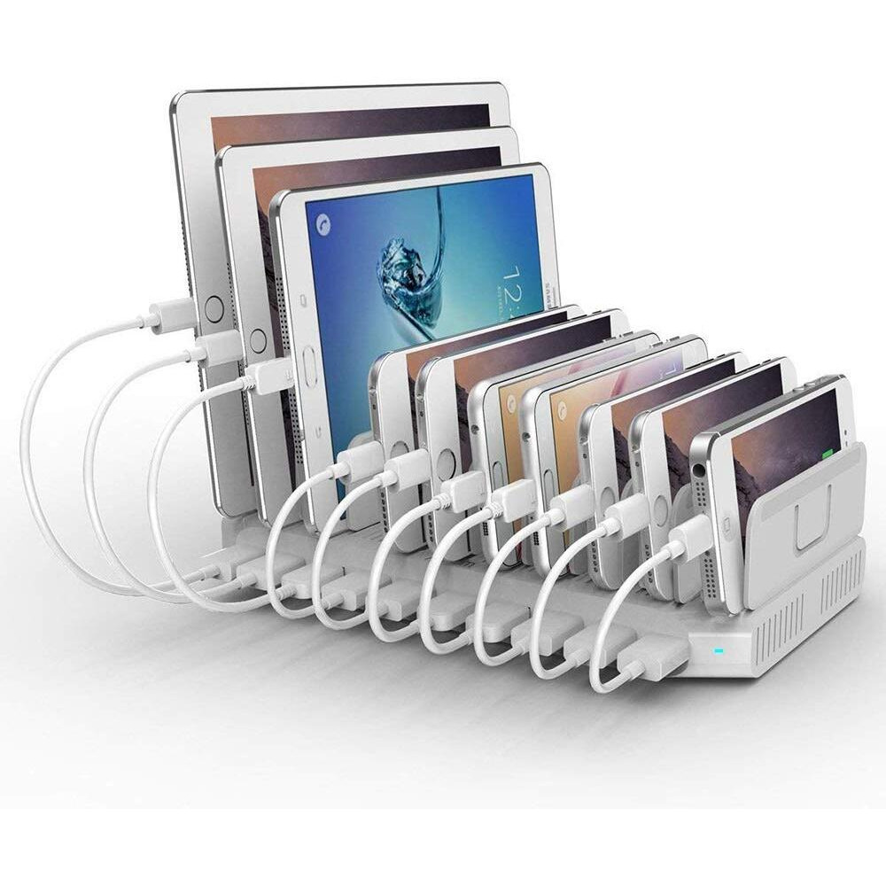 Alxum Ipad Charging Station For Multiple Devices, 96W 10 Port Cell Phone Charging Station Organizer,Usb Fast Charger Dock Compatible W Ipad/Iphone/Android/Kindle/Fire/Kindle Tablet, Ul Certified,White