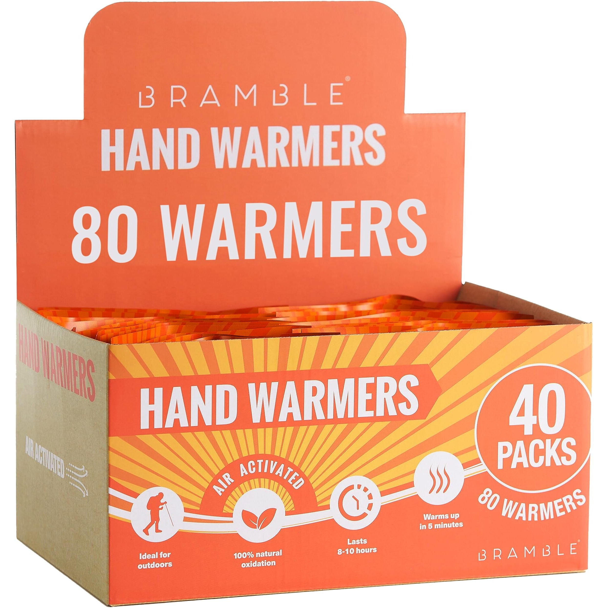 Bramble 80 Pcs Hand Warmers (40 Pairs) Up To 10 Hour For Cold Weather, Ski, Camping, Sports & Outdoor Activities, Disposable Air Activated Instant Heat Packs Hot Pockets For Body, Feet, Adult & Kids