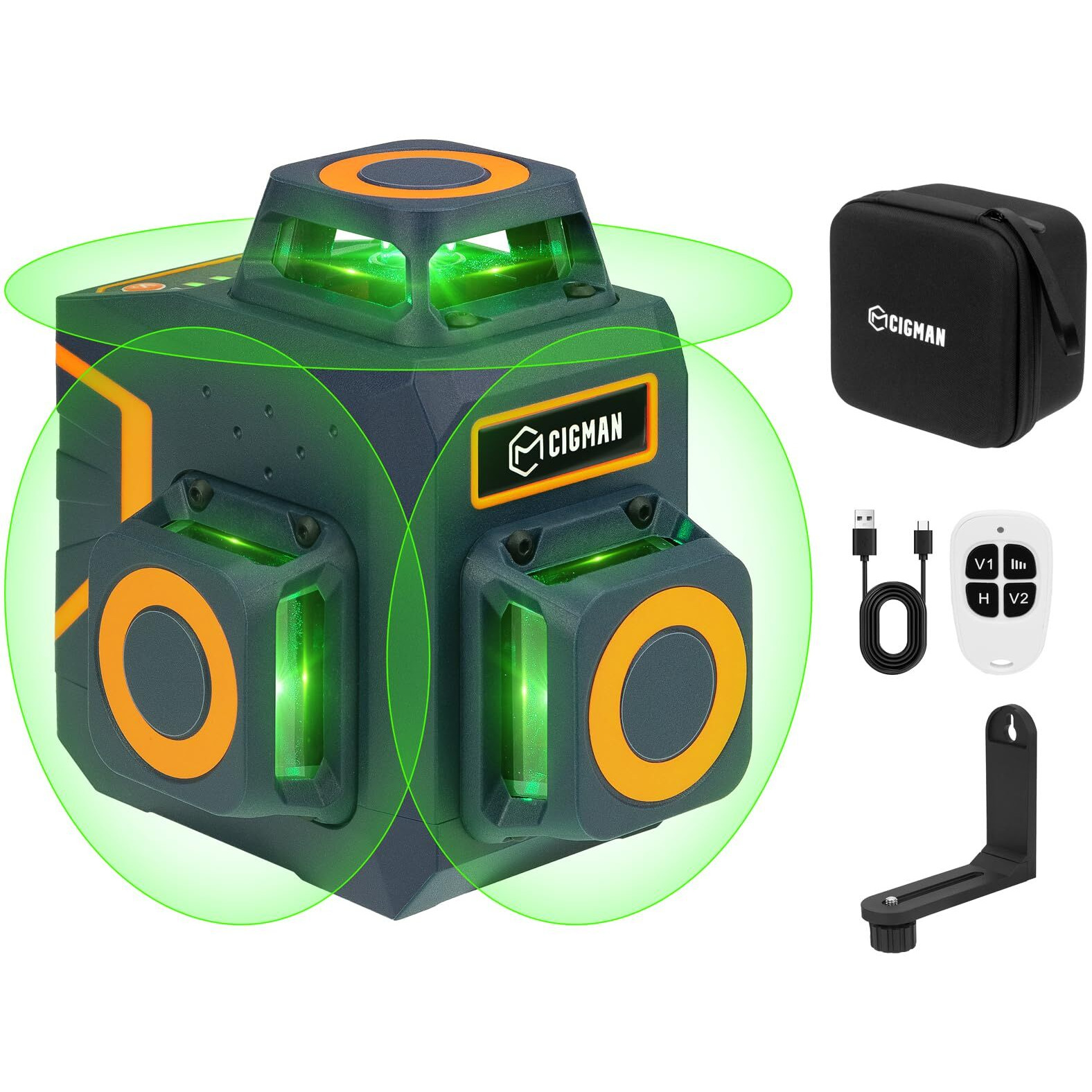 Cigman Laser Level Cm-701Se Laser Level Self Leveling 3X360   3D Green Cross Line For Decoration And Picture Hanging With Rechargeable Battery, Remote Controller And Magnetic L-Shaped Bracket Included