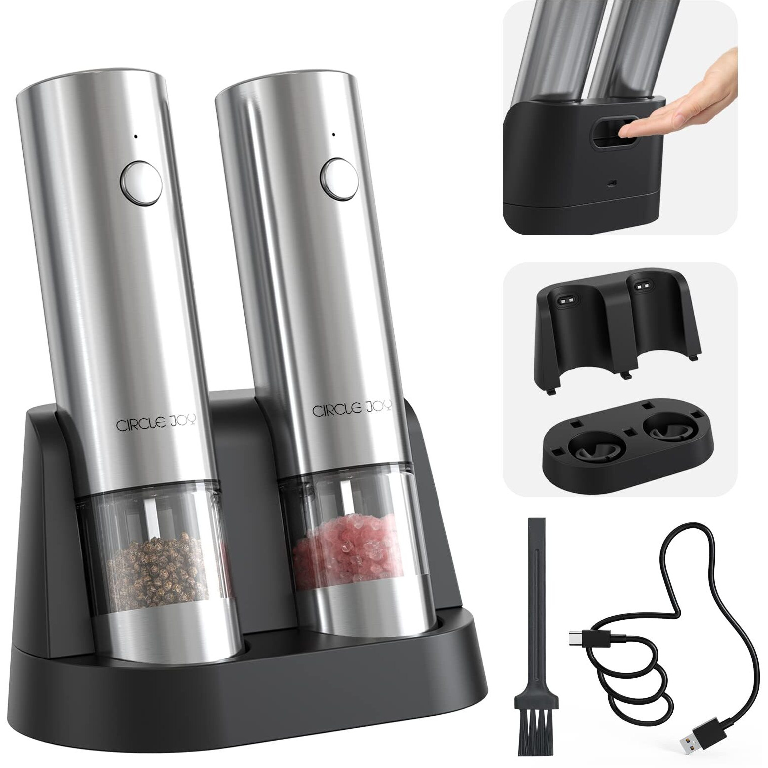 Circle Joy Electric Salt And Pepper Grinder Set Stainless Steel Spice Grinder Automatic Pepper Mills With Easy-To-Carry Dual Charging Station, Brush, White Led Light, And Adjustable Coarseness