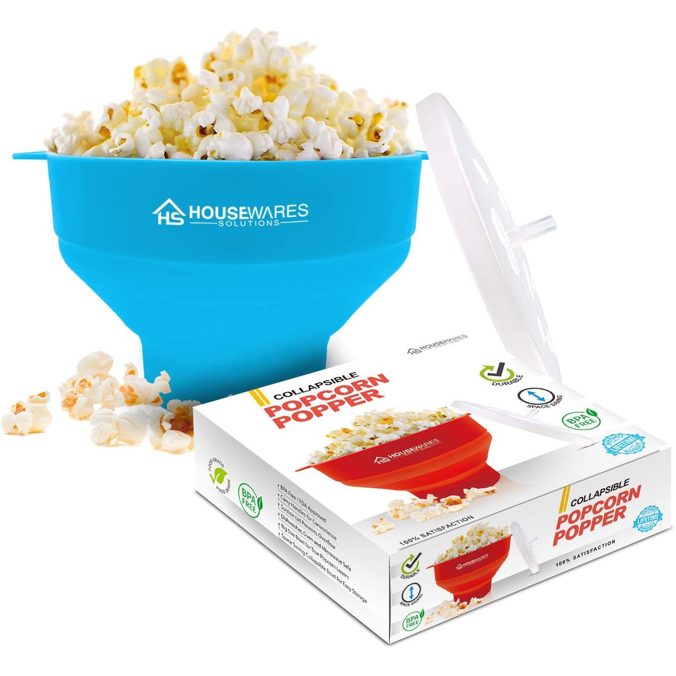 Collapsible Silicone Microwave Hot Air Popcorn Popper Bowl With Lid And Handles - Aqua