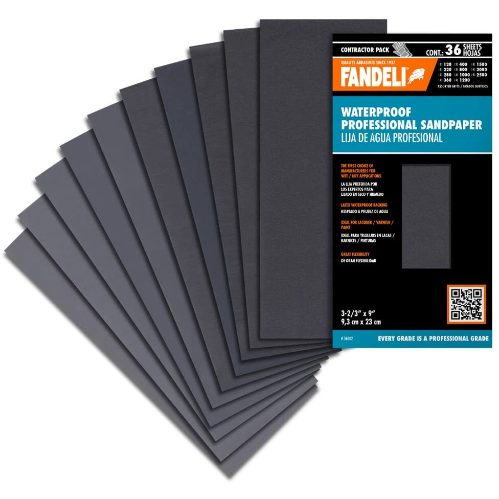 Fandeli | Waterproof Sandpaper | Assortment Of Grits From 120 To 2500 | 36 Sheets 3-2/3'' X 9'' | For Car Polishing, Wood Furniture Sanding And Metal Sanding | Water Resistant