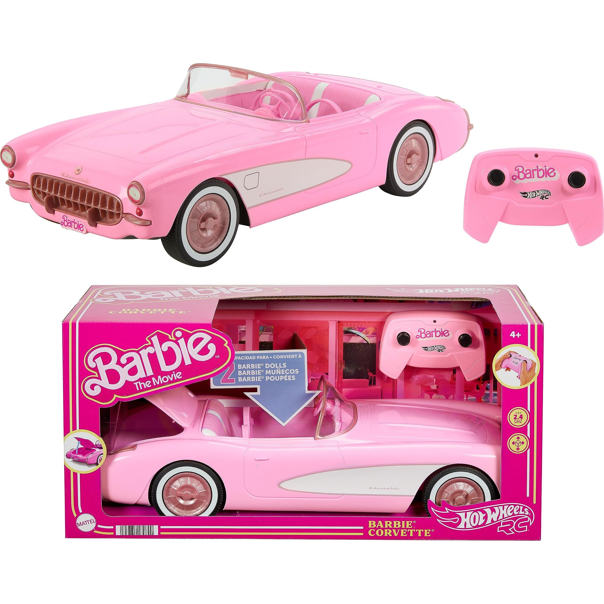 Hot Wheels Rc Barbie Corvette, Battery-Operated Remote-Control Toy Car From Barbie The Movie, Holds 2 Barbie Dolls, Trunk Opens For Storage