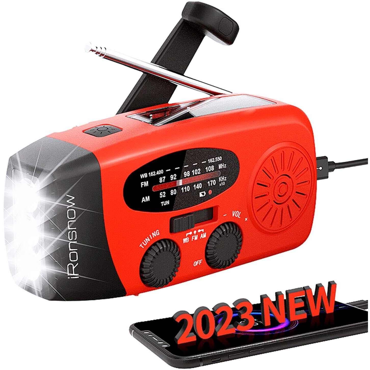 Ironsnow Solar Emergency Hand Crank Weather Radio, Portable Self Powered Noaa Am/Fm Radios With Sos Alarm Led Flashlight 2000Mah Power Bank Smart Phone Usb Charger For Camping (Red)