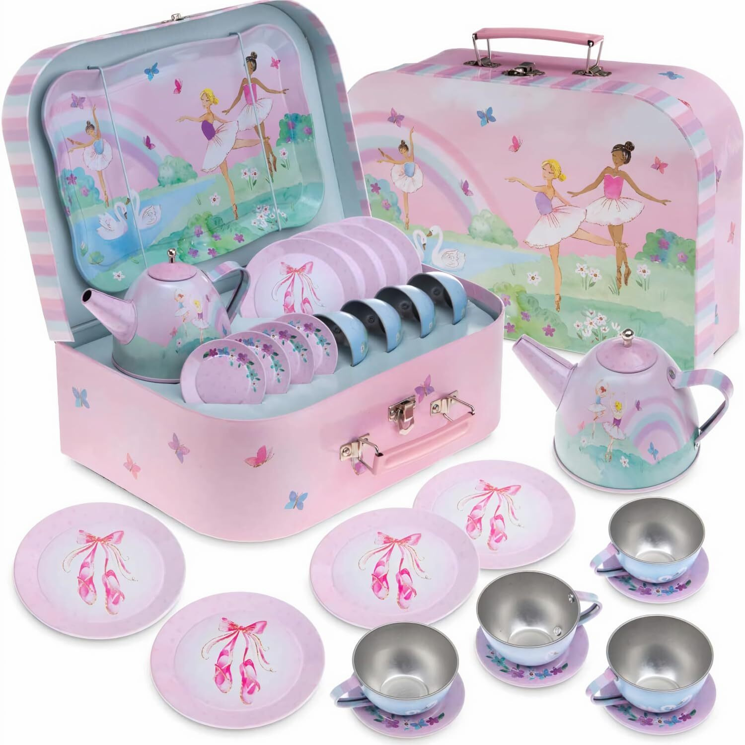 Jewelkeeper Tea Set For Little Girls - 15 Piece Sets Kids Tin Tea Party With Cups, Saucers, Plates & Serving Trays - Toddler Princess Tea Time Pretend Play - Rainbow Unicorn Design Picnic Toy