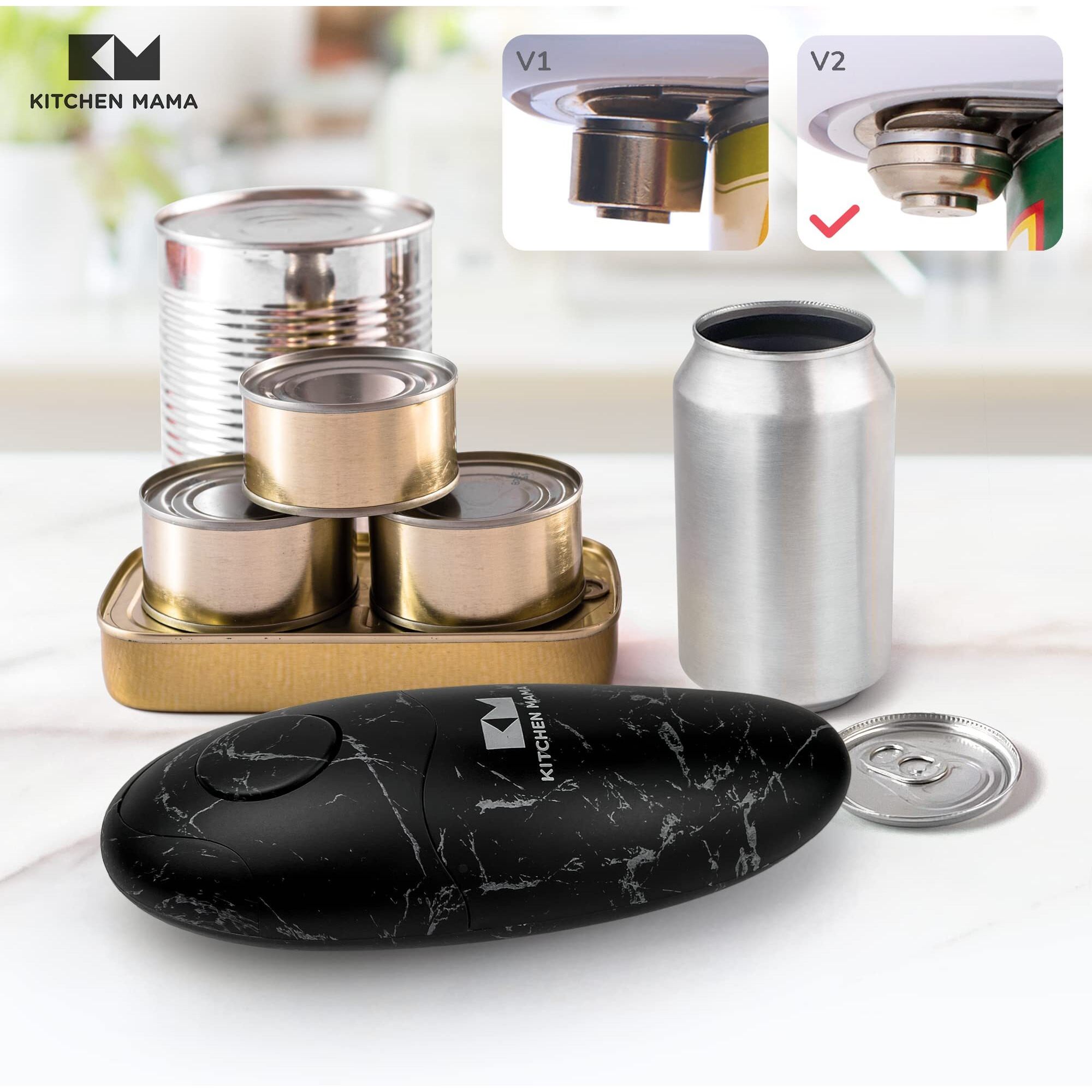 Kitchen Mama Electric Can Opener 2.0 Upgraded Blade Opens Any Can Shape - Smooth Edge, Food-Safe, Handy With Lid Lift, Battery Operated Handheld Can Opener (Marble Black)