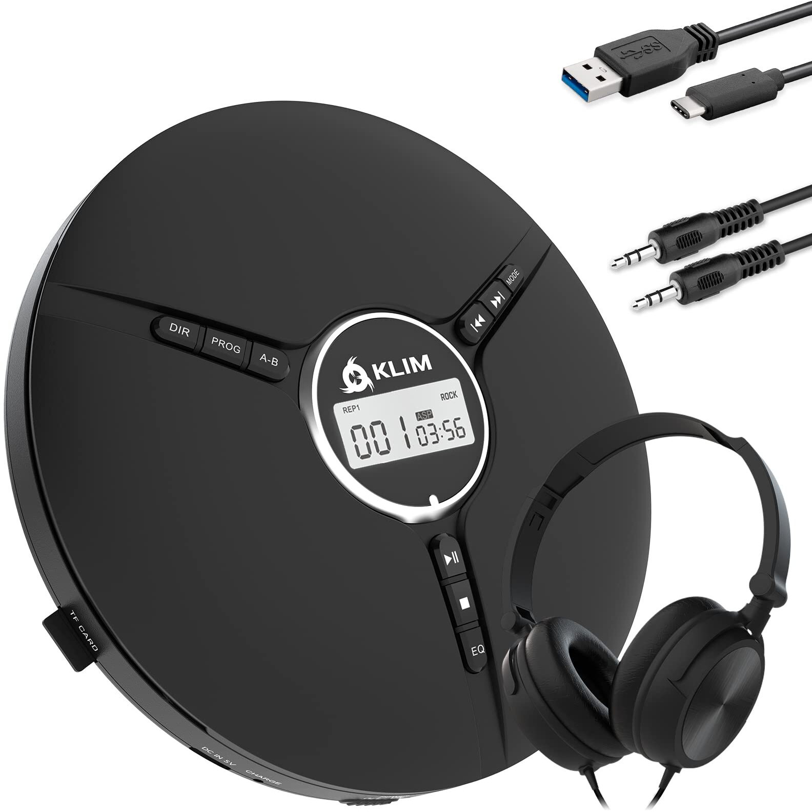 Klim Discman With Headphones - Portable Cd Player With Headphones - New 2023 Version + Ideal Car Cd Player + Compatible Cd-R, Cd-Rw, Mp3. Compact Mini Cd Players Personal Cd Walkman - Black