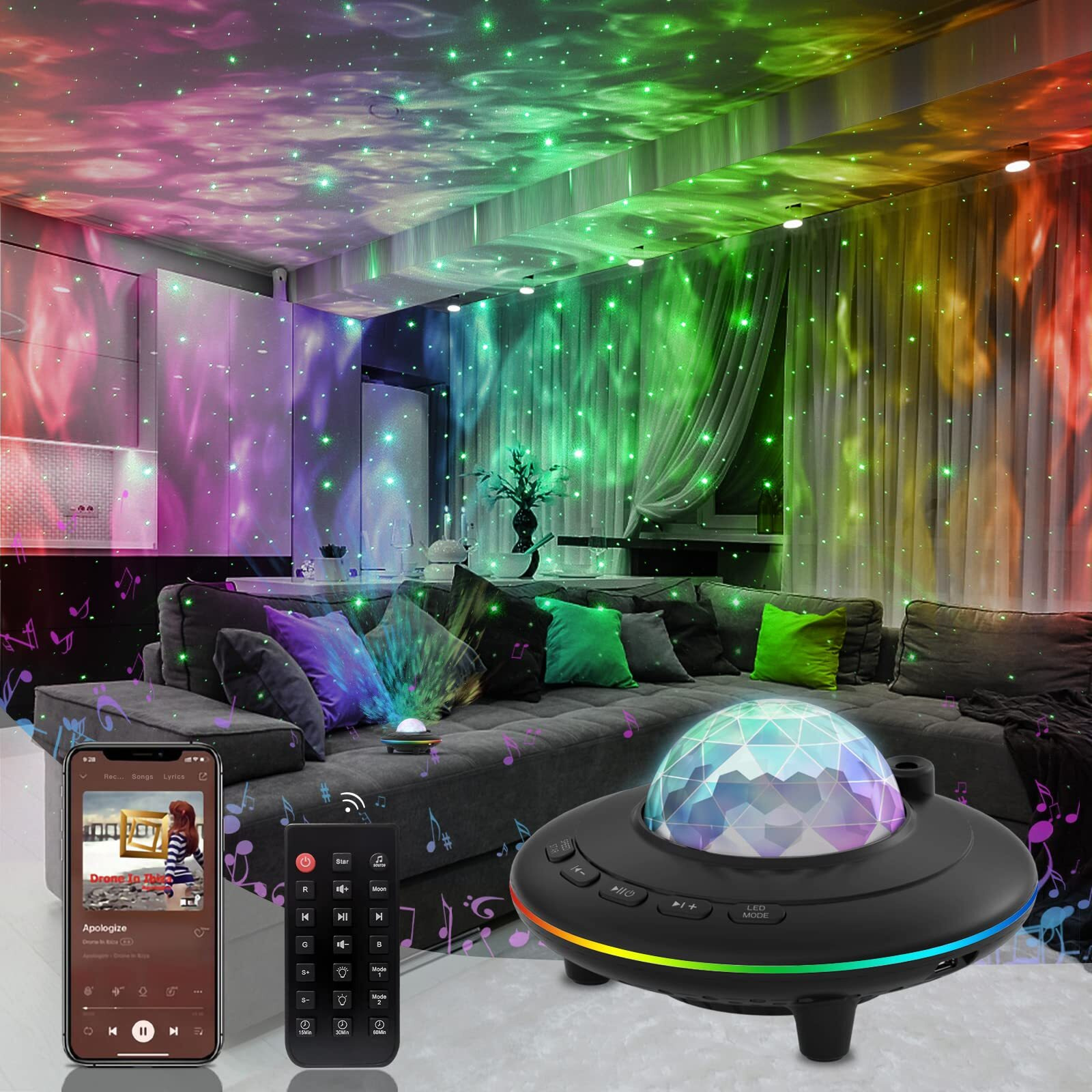 Mycket Star Projector, Galaxy Projector Light, Ocean Wave Led Night Light Lamp, Night Light Projector With Remote 360   Rotating Sleep Soothing Colors Changing Music Bluetooth Speaker Timer For Kids