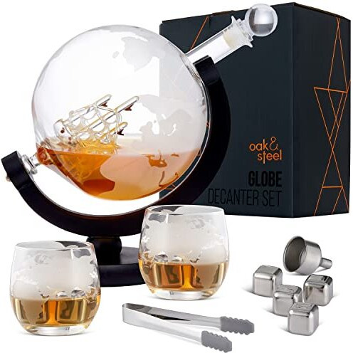 Oak & Steel 53Oz/ 1500Ml World Globe Whiskey Decanter Sets For Men - Wine Decanter Set With Glasses Of 2, Whiskey Stones, Ice Tong & Stand For Whiskey, Bourbon, Vodka, Tequila - Ideal Gifts For Men
