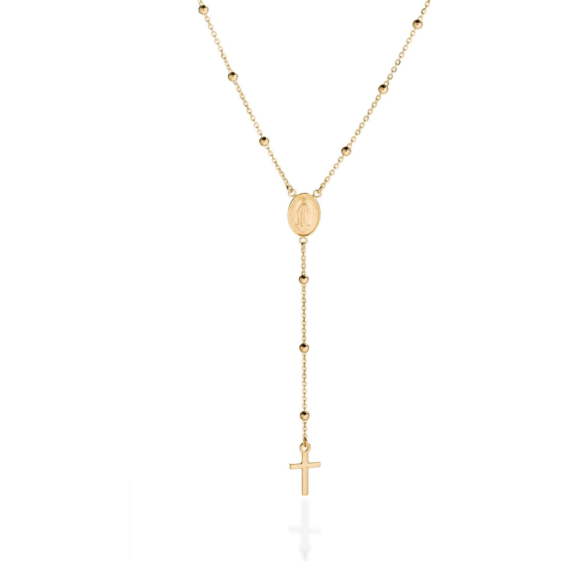 Quadri - 18K Gold Over Sterling Silver Rosary Virgin Mary Necklace - Premium Cross Chain Rosary Necklace Gold - Beautiful Cross Necklace With Beads Chain For Women And Men 19"" 925 Italian Silver