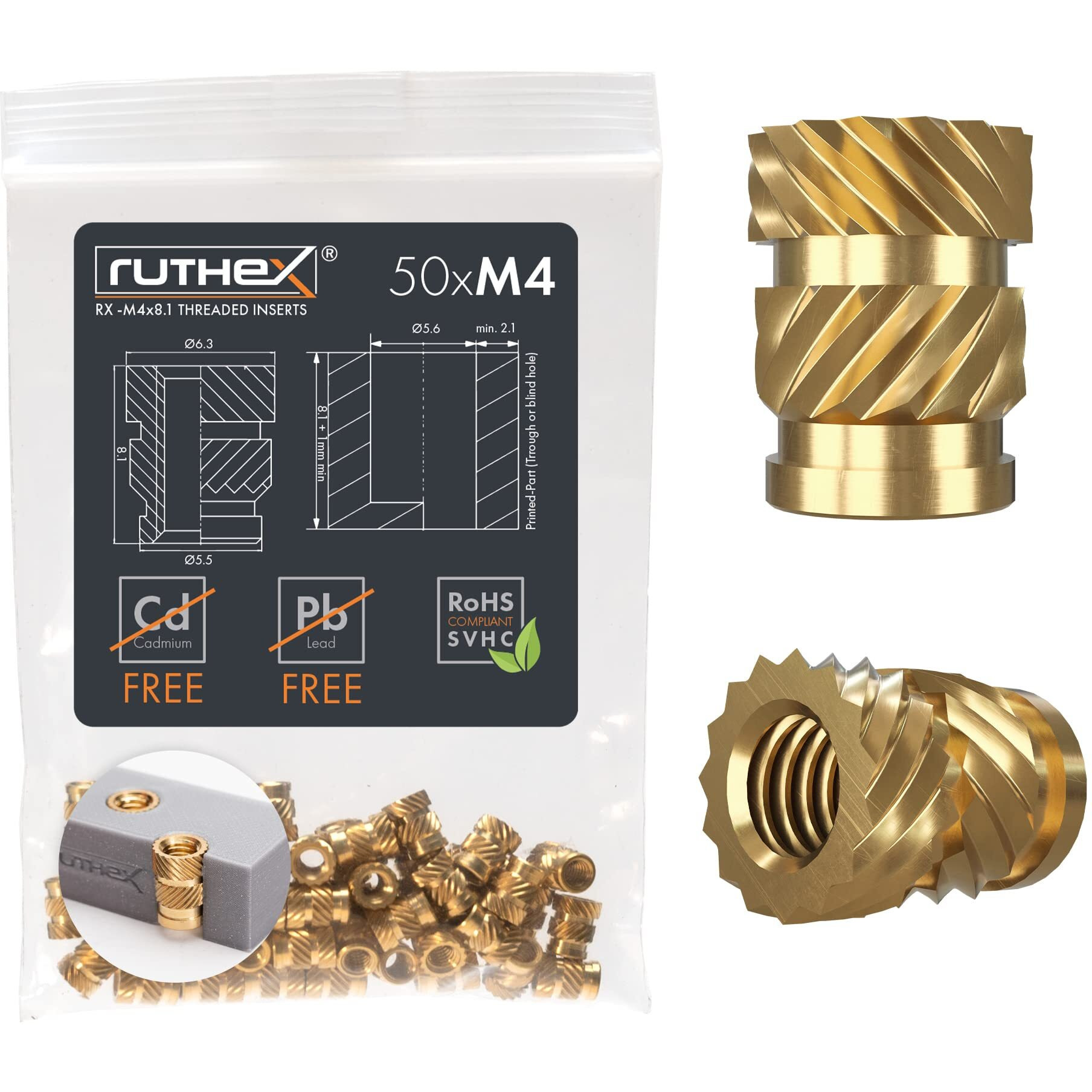 Ruthex M4 Threaded Inserts - 50 Pieces Rx-M4X8.1 Brass Heat Set Insert For Plastic Parts - Metric Knurled Nuts - Insert By Heat Into 3D Printing Components