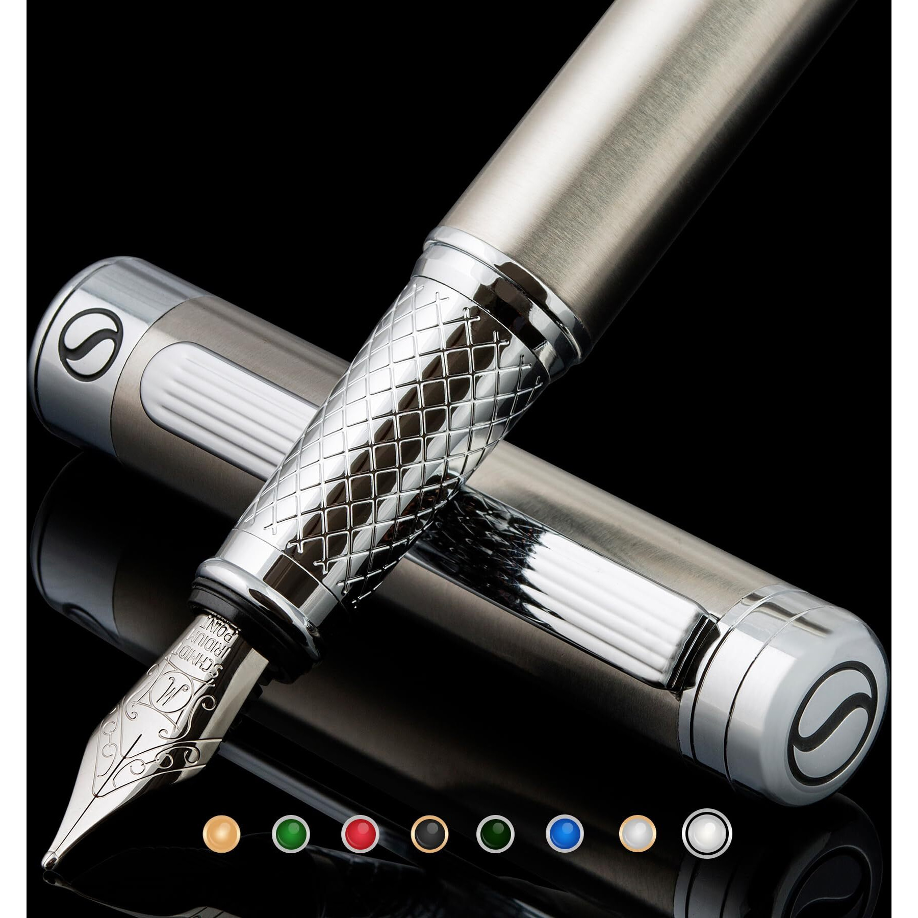 Scriveiner Stainless Steel Fountain Pen - Stunning Luxury Pen With Steel Finish, Schmidt Steel Nib (Medium), Pen Gift Set For Men & Women, Professional, Executive Office, Nice Designer Pens