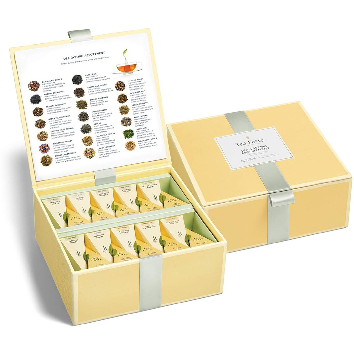 Tea Forte Organic Assorted Variety Tea Sampler, Tea Tasting Tea Chest Gift Box With 40 Handcrafted Pyramid Tea Infuser Bags, Black Tea, Herbal Tea, Oolong Tea, Green Tea, White Tea