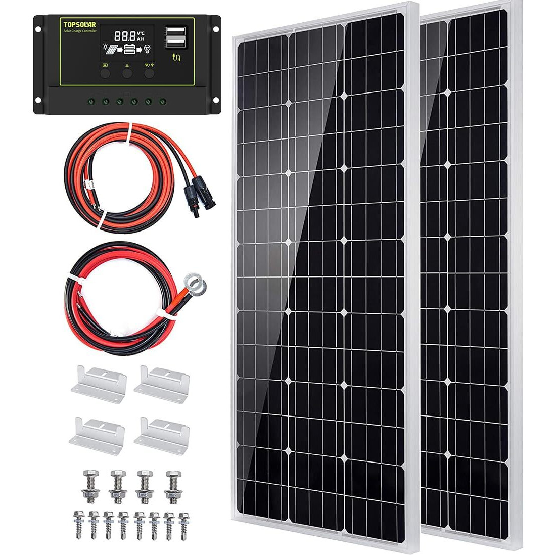 Topsolar Solar Panel Kit 200(2*100W) Watt 12 Volt Monocrystalline Off Grid System For Homes Rv Boat + 30A 12V/24V Solar Charge Controller + Solar Cables + Z-Brackets For Mounting