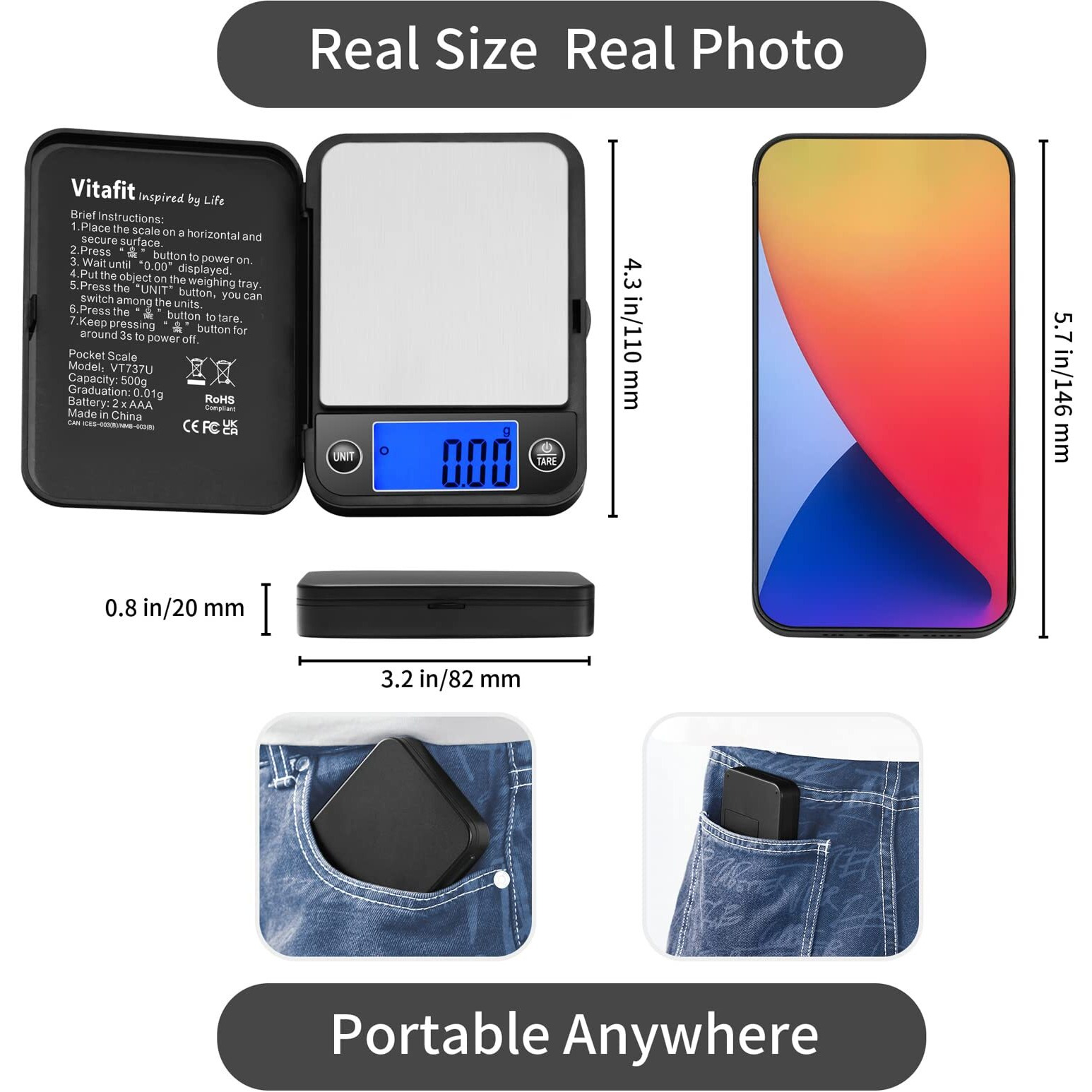 Vitafit 500G Digital Pocket Scale,Weighing Professional Since 2001, 0.01G High Accuracy Grams Scale For Multifunction Lab,Food Kitchen,Coffee,Jewelry Black