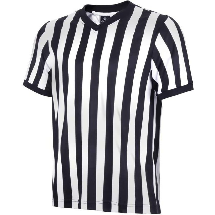 Allentian Men's Referee Shirt - Official Black & White Stripe Referee/Umpire Jersey - Pro-Style V-Neck Referee Uniform, Great For Basketball, Football, Soccer (M)