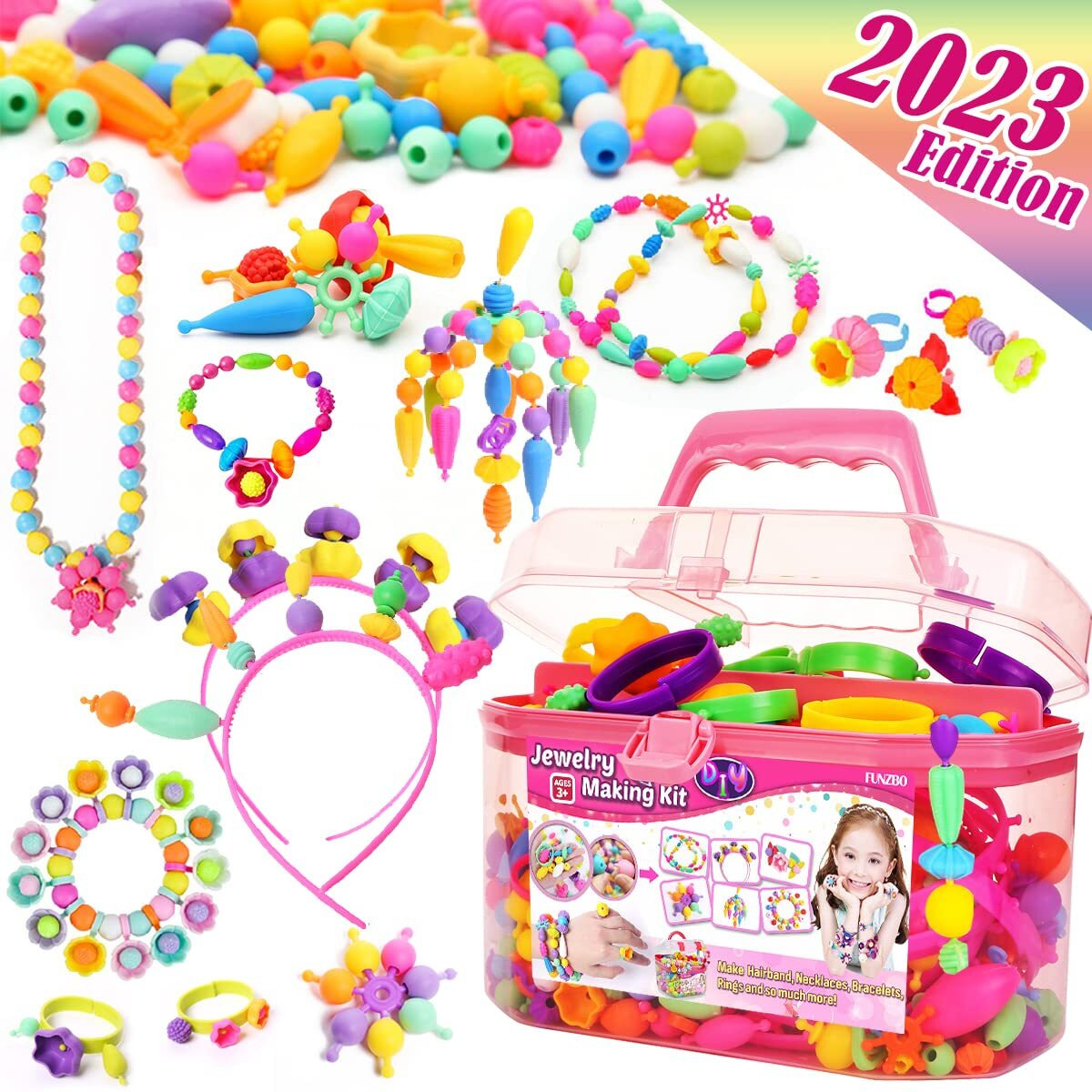 Funzbo 620+ Snap Pop Beads Kit- Kids Jewelry Making Kit With Bracelets, Headbands & Rings, Arts And Crafts Kit, Crafts For Kids Ages 4-8, Crafts For Girls, Toys For Girls Age 4-5 Year Old Girl Gifts
